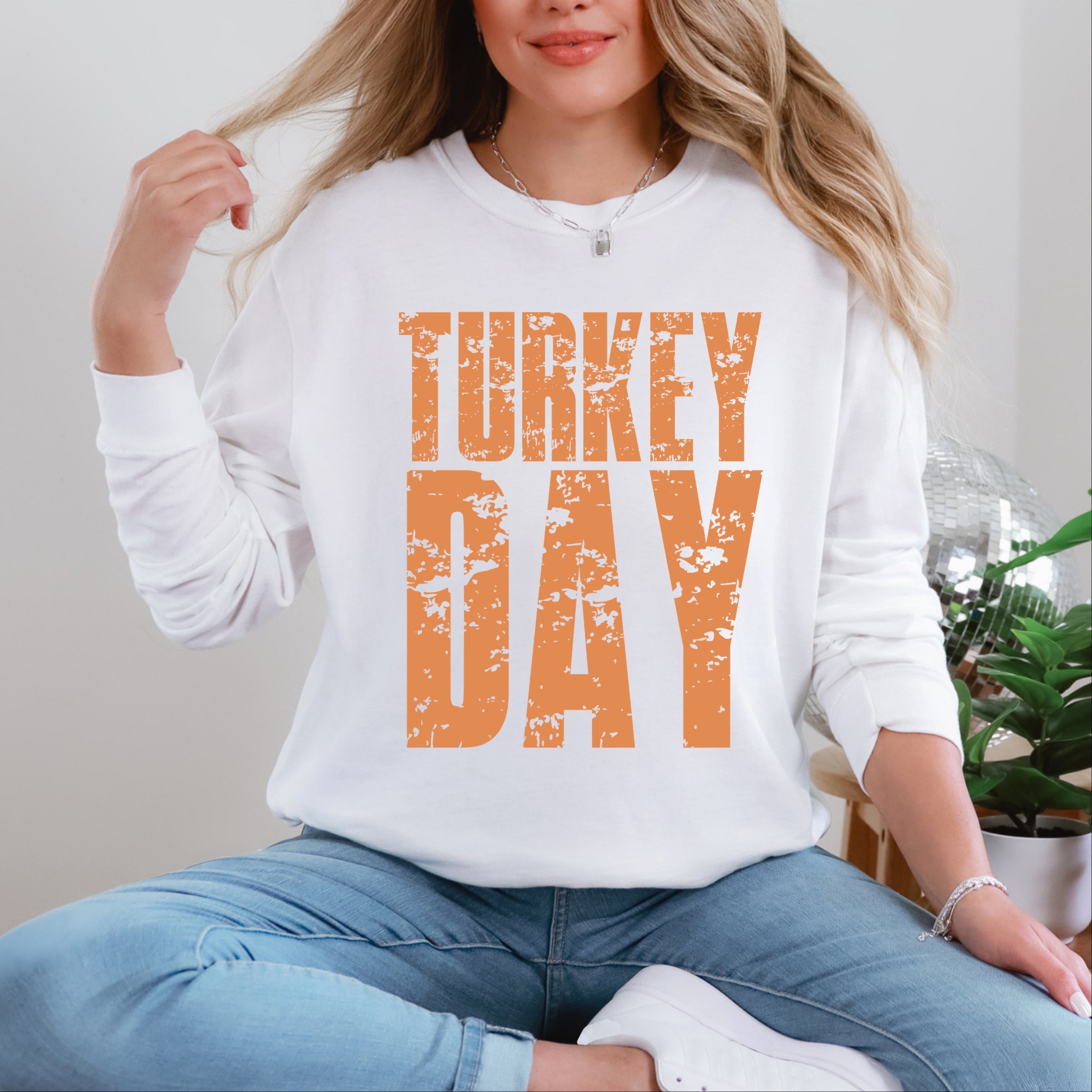 Turkey Day Block Distressed - Women's Garment Dyed Long Sleeve Graphic T-Shirt