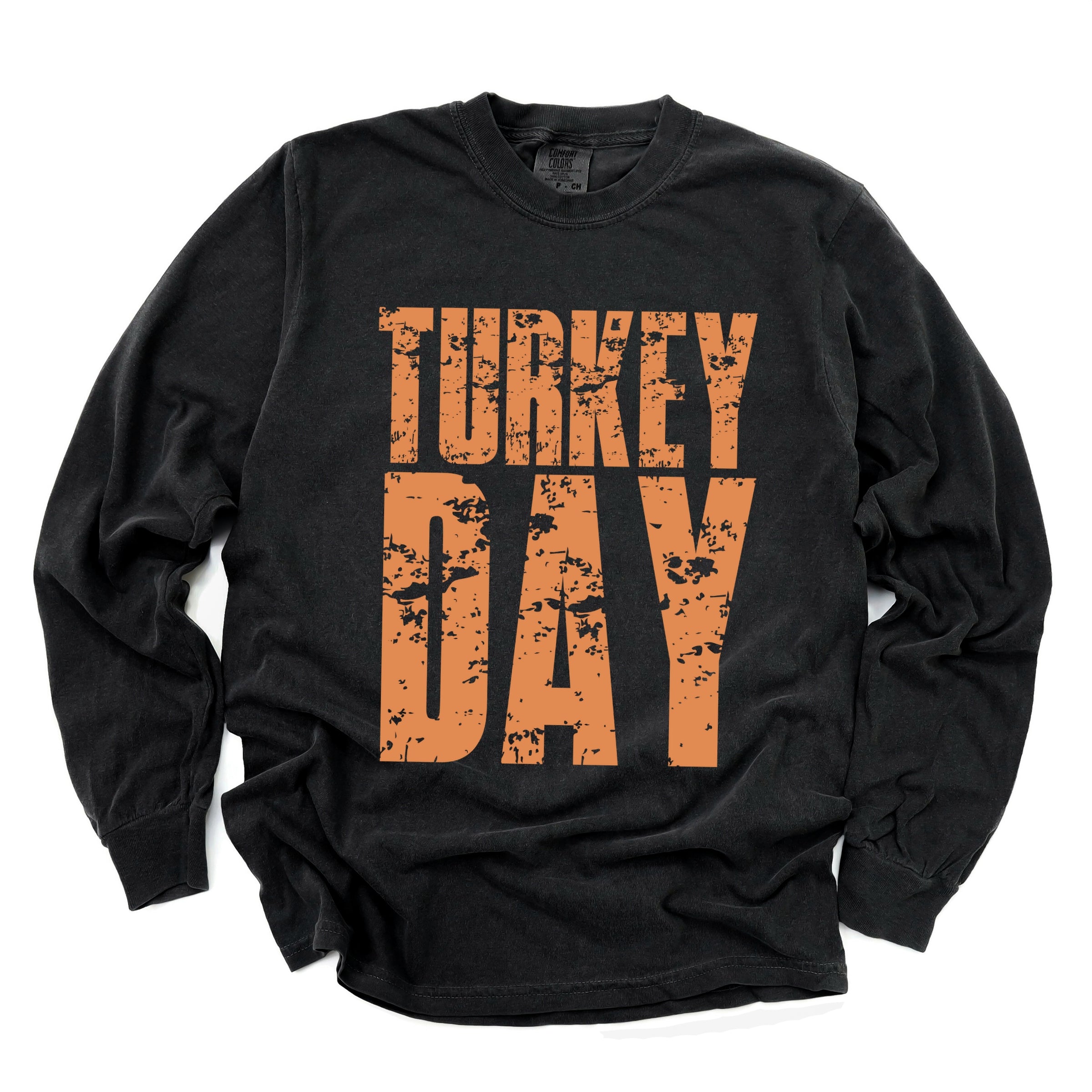 Turkey Day Block Distressed - Women's Garment Dyed Long Sleeve Graphic T-Shirt