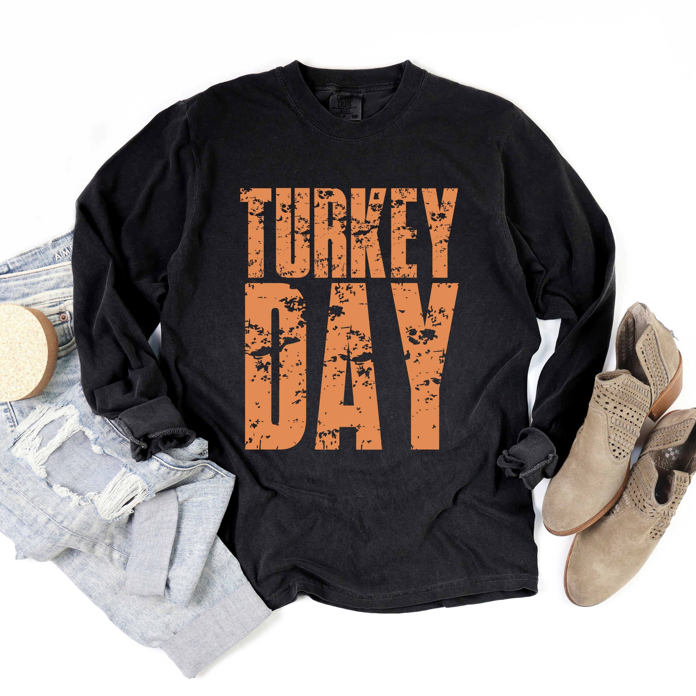 Turkey Day Block Distressed - Women's Garment Dyed Long Sleeve Graphic T-Shirt