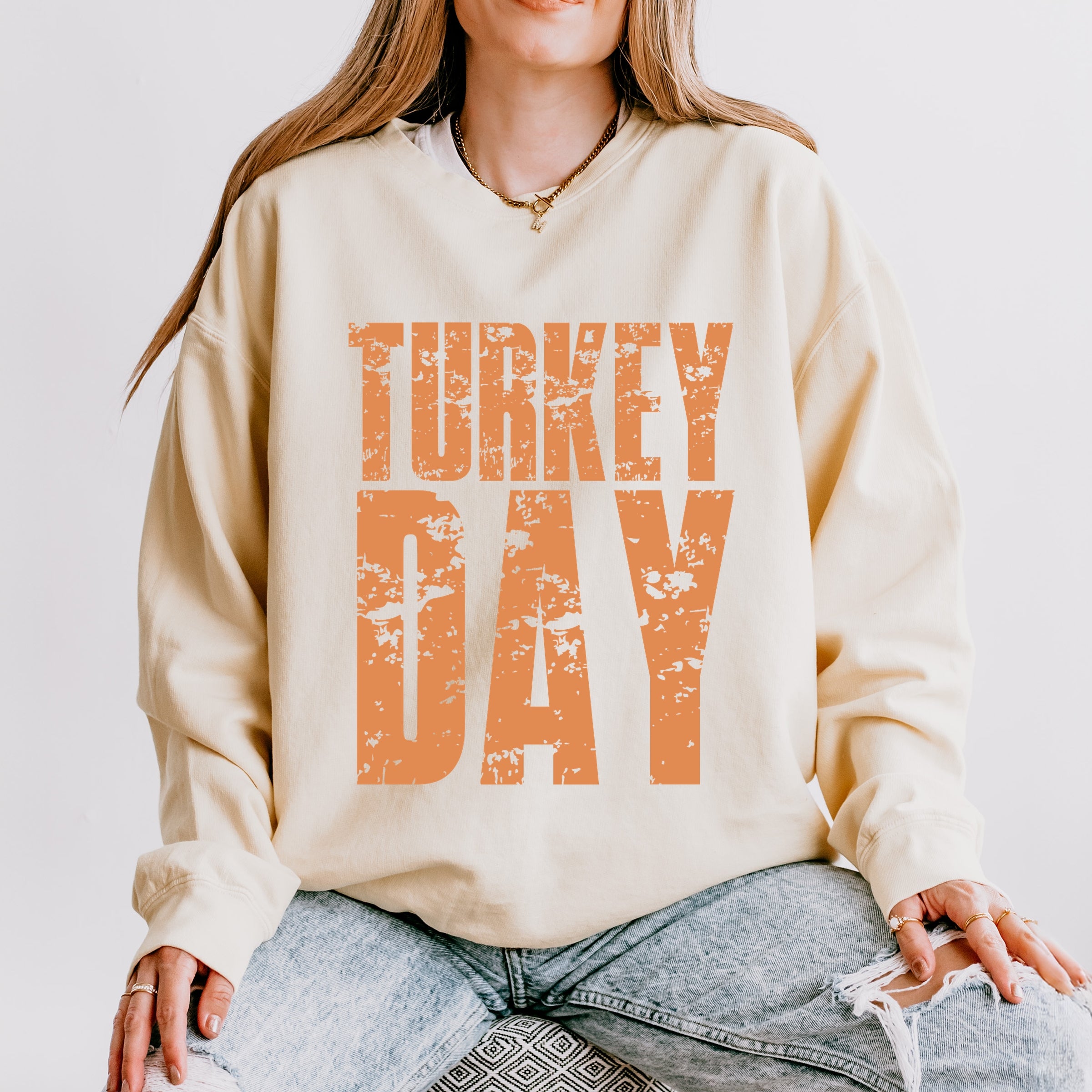 Turkey Day Block Distressed - Women's Lightweight Garment Dyed Sweatshirt