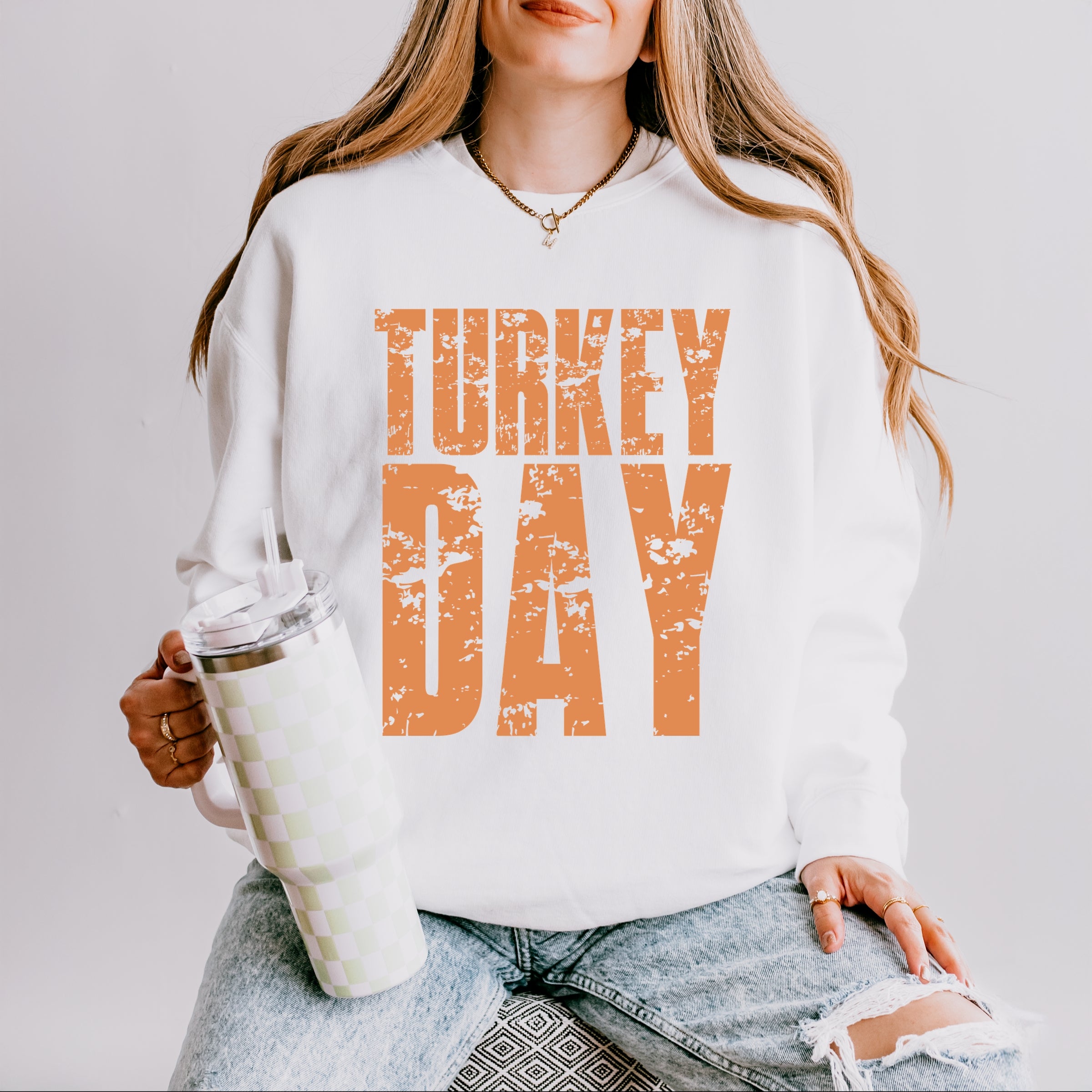 Turkey Day Block Distressed - Women's Lightweight Garment Dyed Sweatshirt