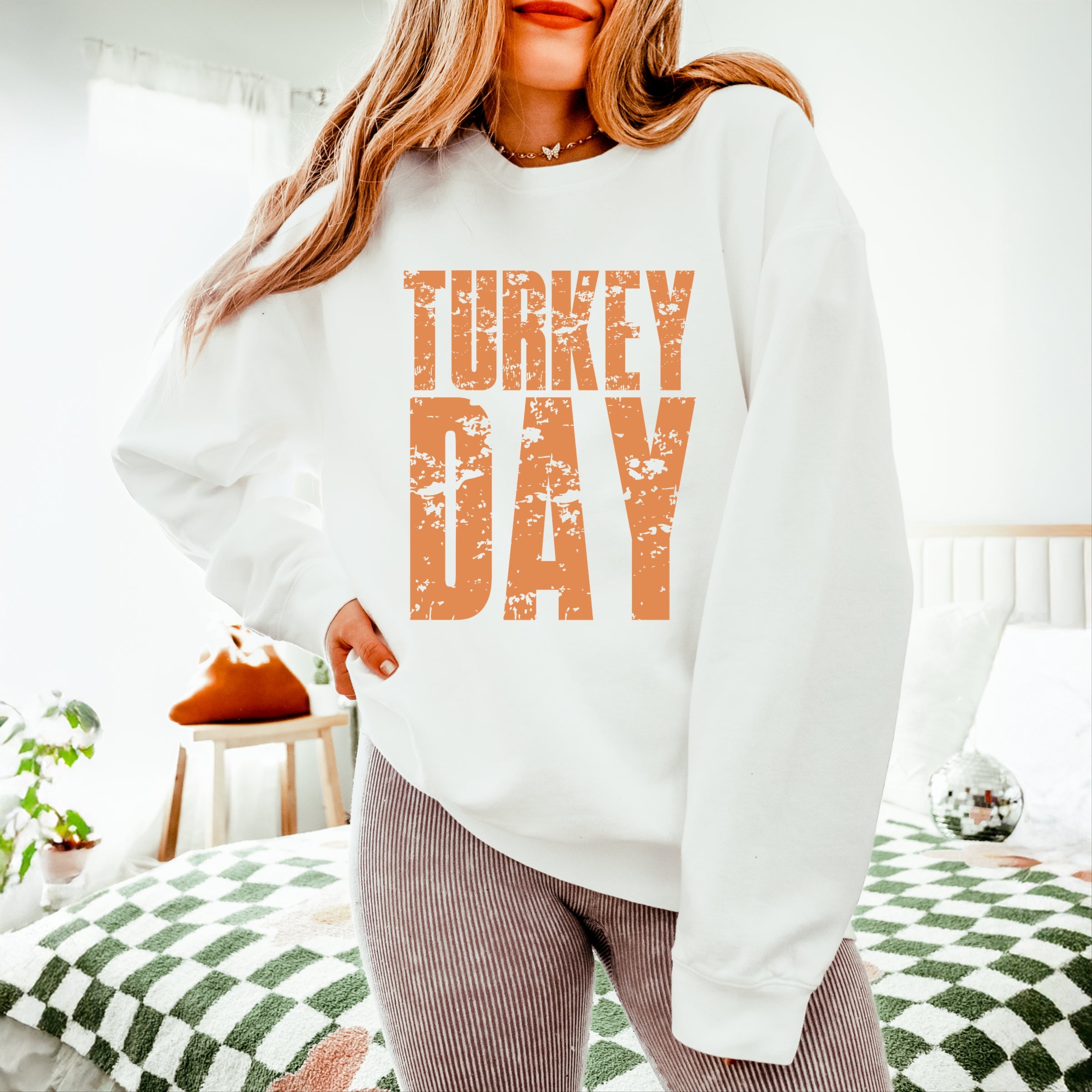 Turkey Day Block Distressed - Women's Lightweight Garment Dyed Sweatshirt