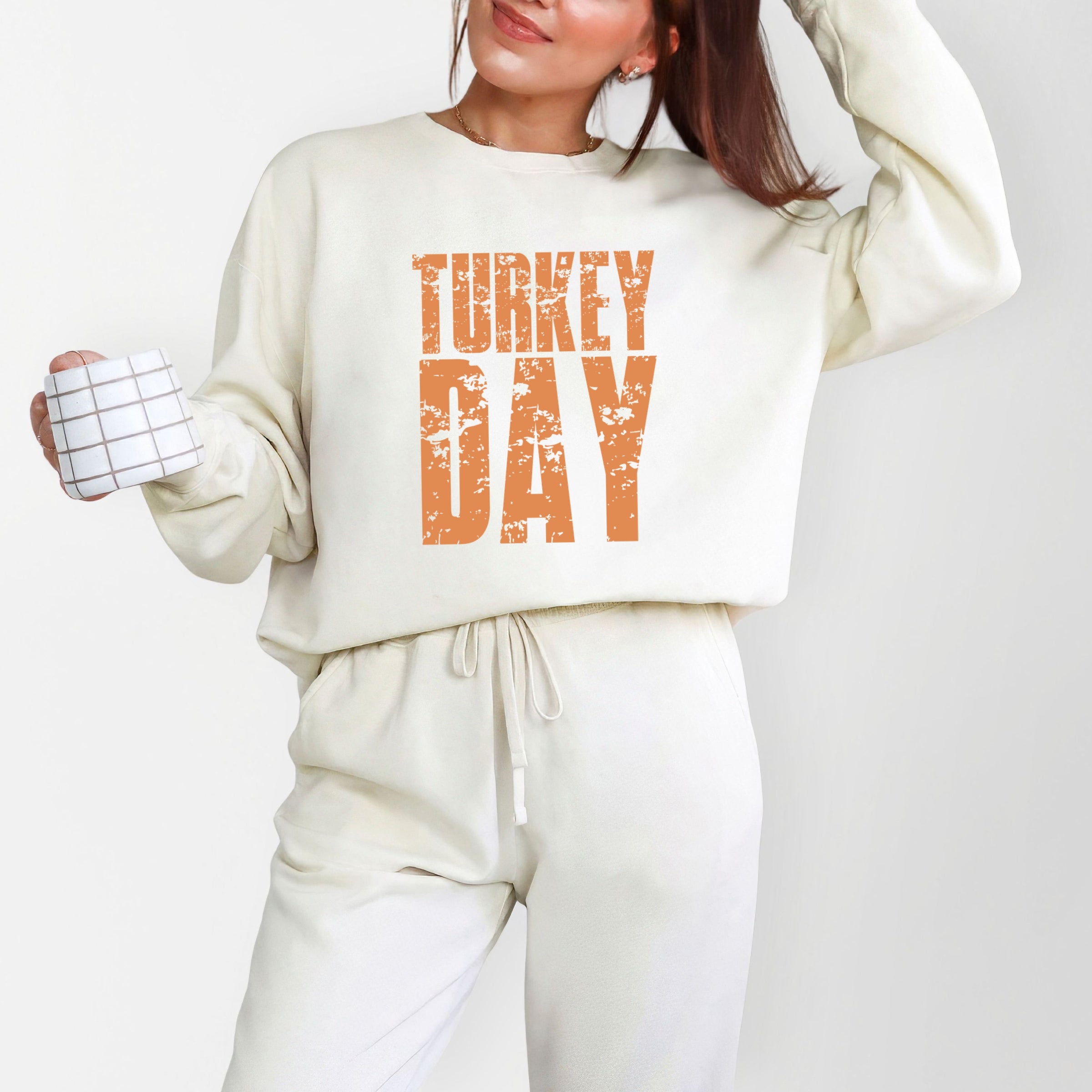Turkey Day Block Distressed - Women's Lightweight Garment Dyed Sweatshirt