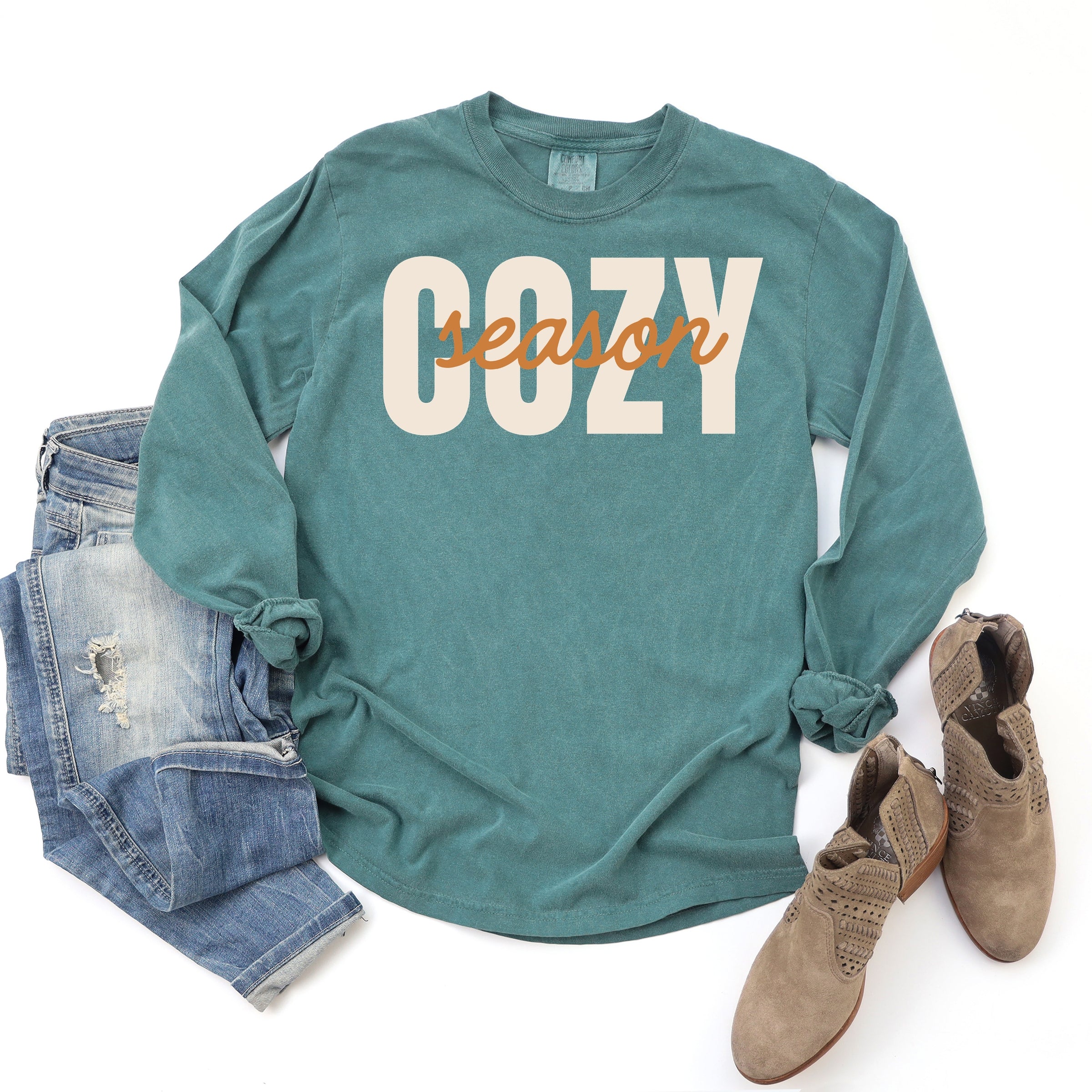 Cozy Season Layered Cursive - Women's Garment Dyed Long Sleeve Graphic T-Shirt