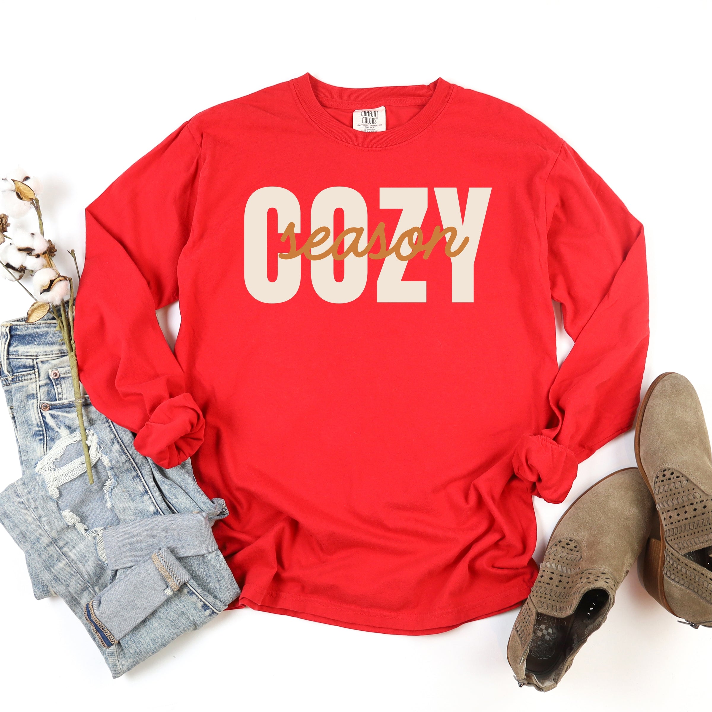 Cozy Season Layered Cursive - Women's Garment Dyed Long Sleeve Graphic T-Shirt