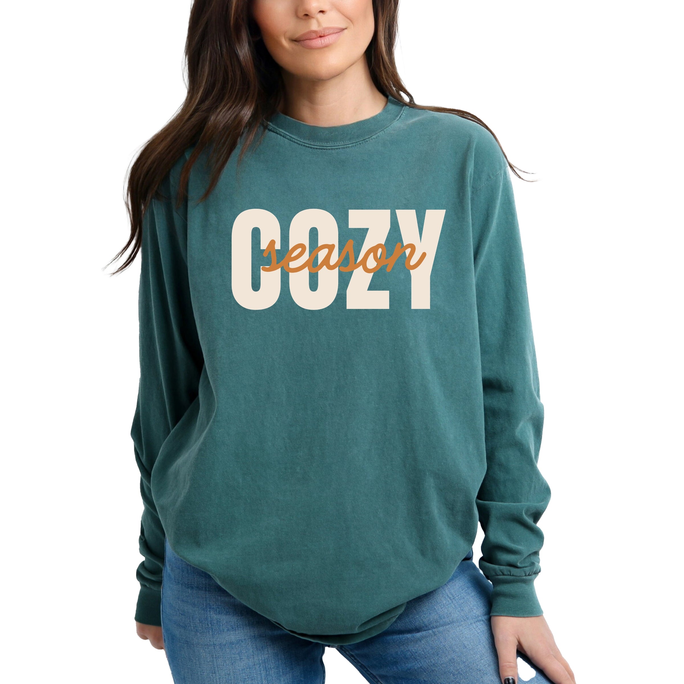Cozy Season Layered Cursive - Women's Garment Dyed Long Sleeve Graphic T-Shirt
