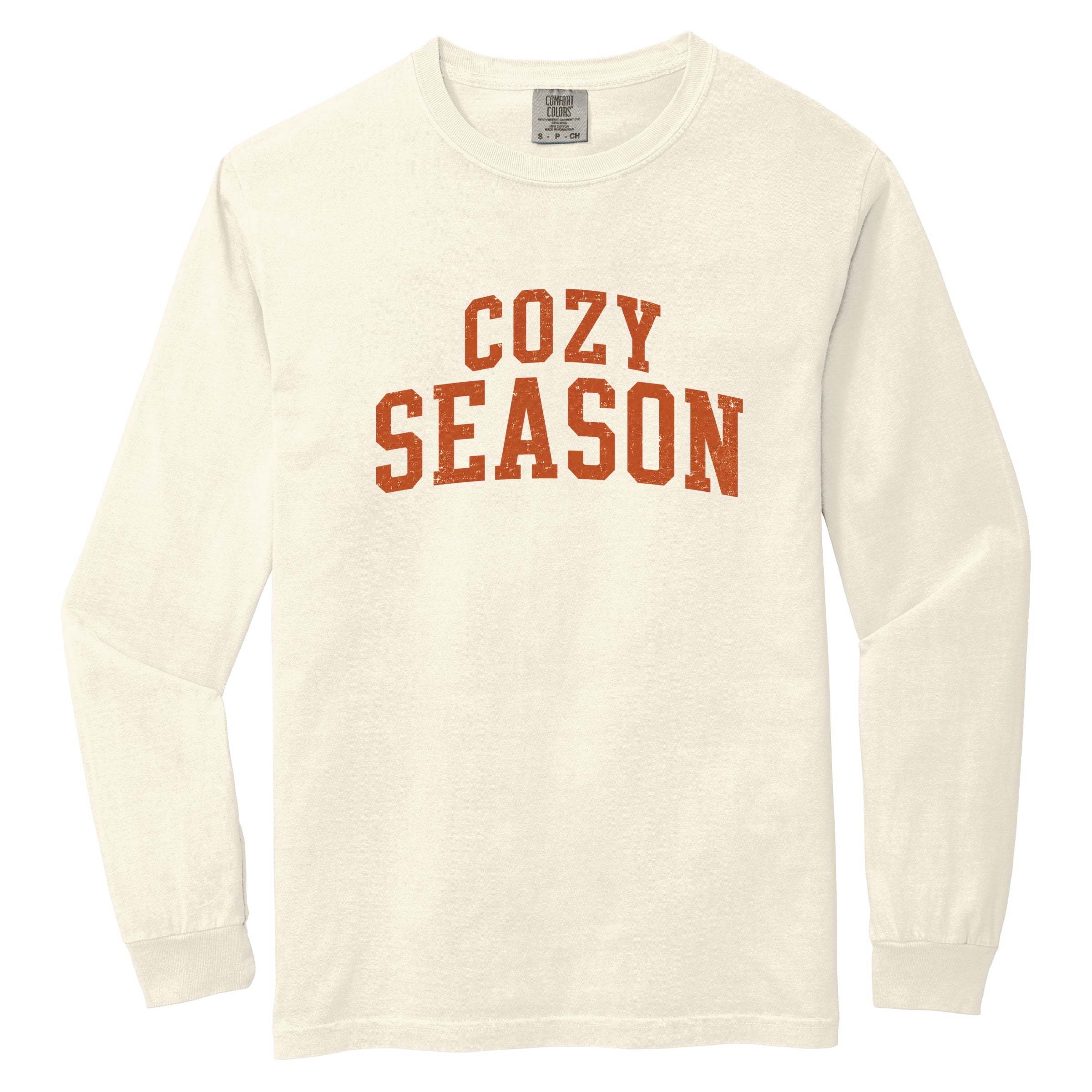 Cozy Season Curved Varsity Stack - Women's Garment Dyed Long Sleeve Graphic T-Shirt