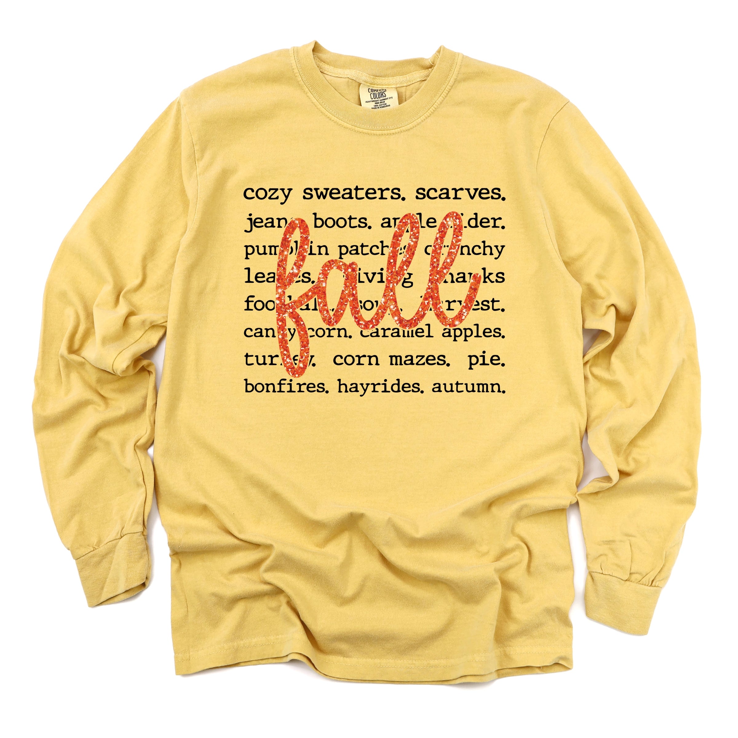 Fall Cursive Text Glitter - Women's Garment Dyed Long Sleeve Graphic T-Shirt