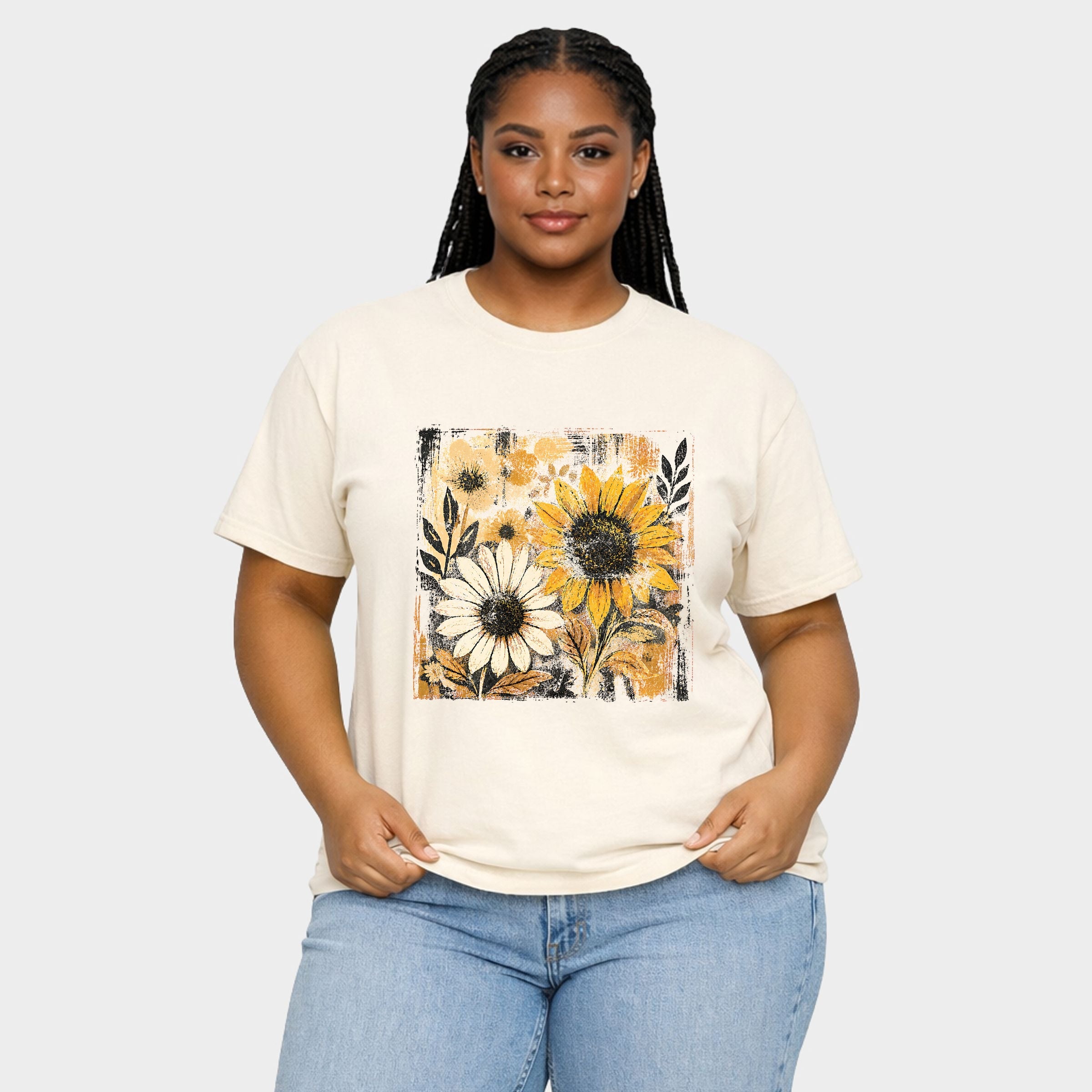 Fall Sunflowers Distressed - Women's Plus Sized Garment Dyed Graphic T-Shirt