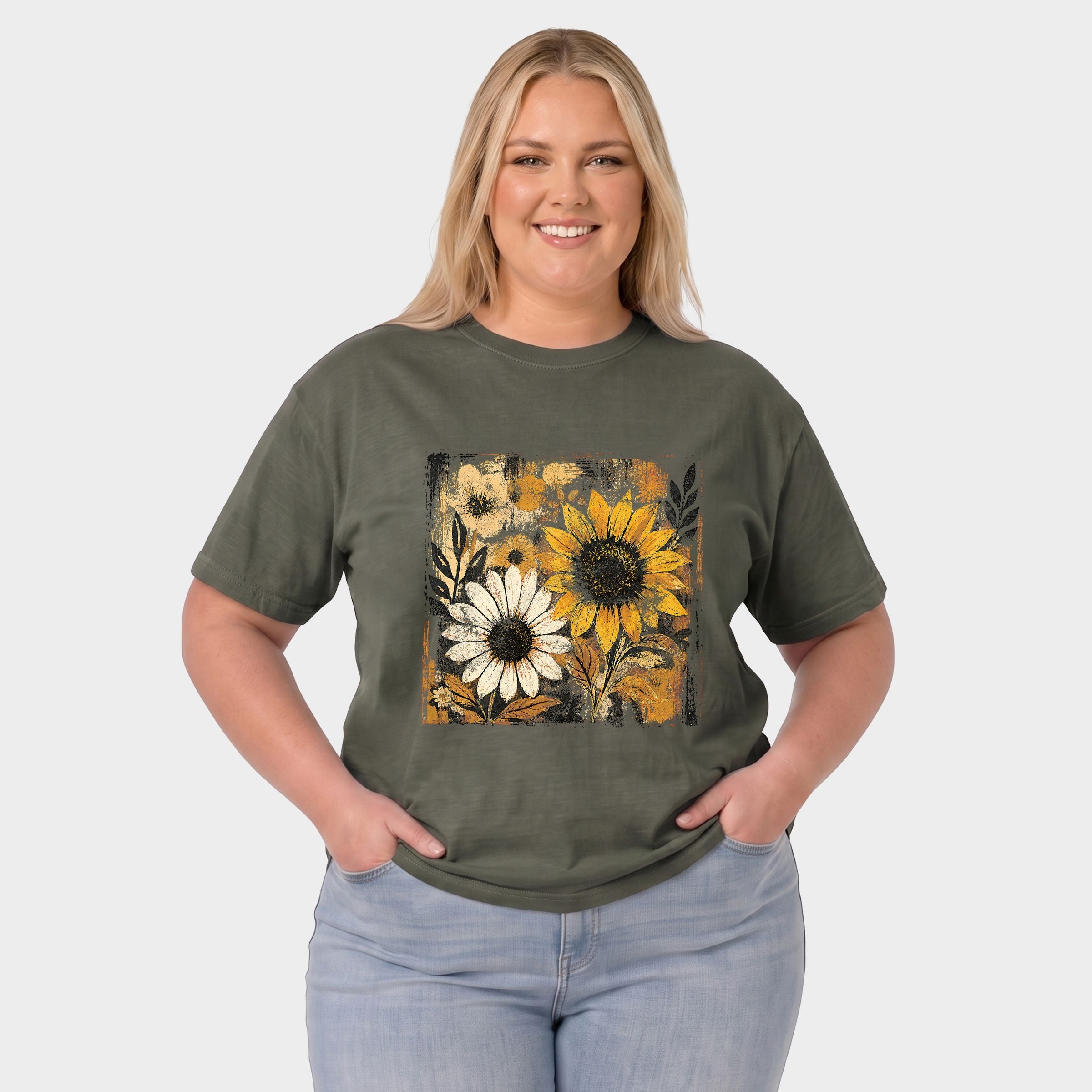 Fall Sunflowers Distressed - Women's Plus Sized Garment Dyed Graphic T-Shirt