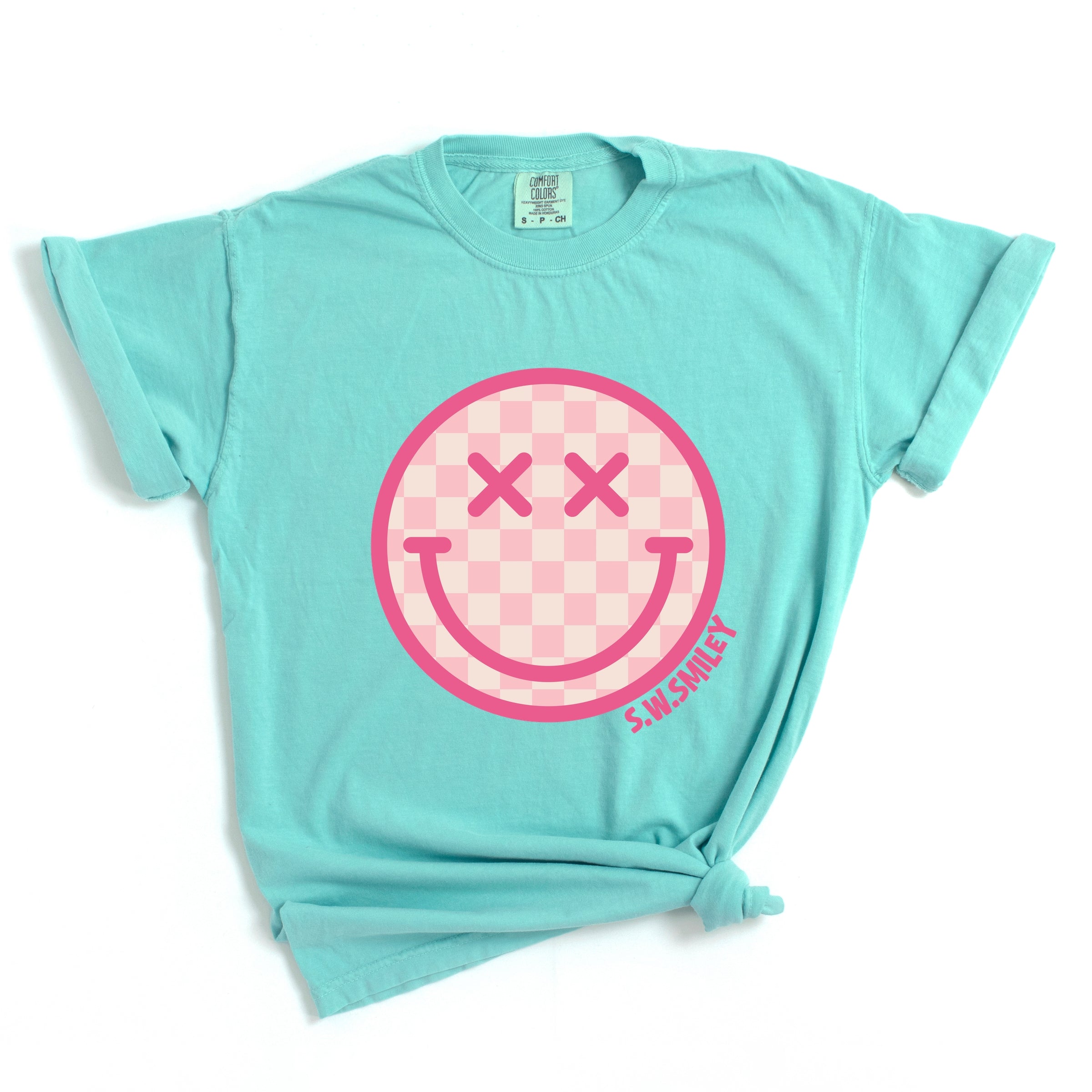 S.W.Smiley Pink Checker Smiley Face - Women's Garment Dyed Graphic T-Shirt