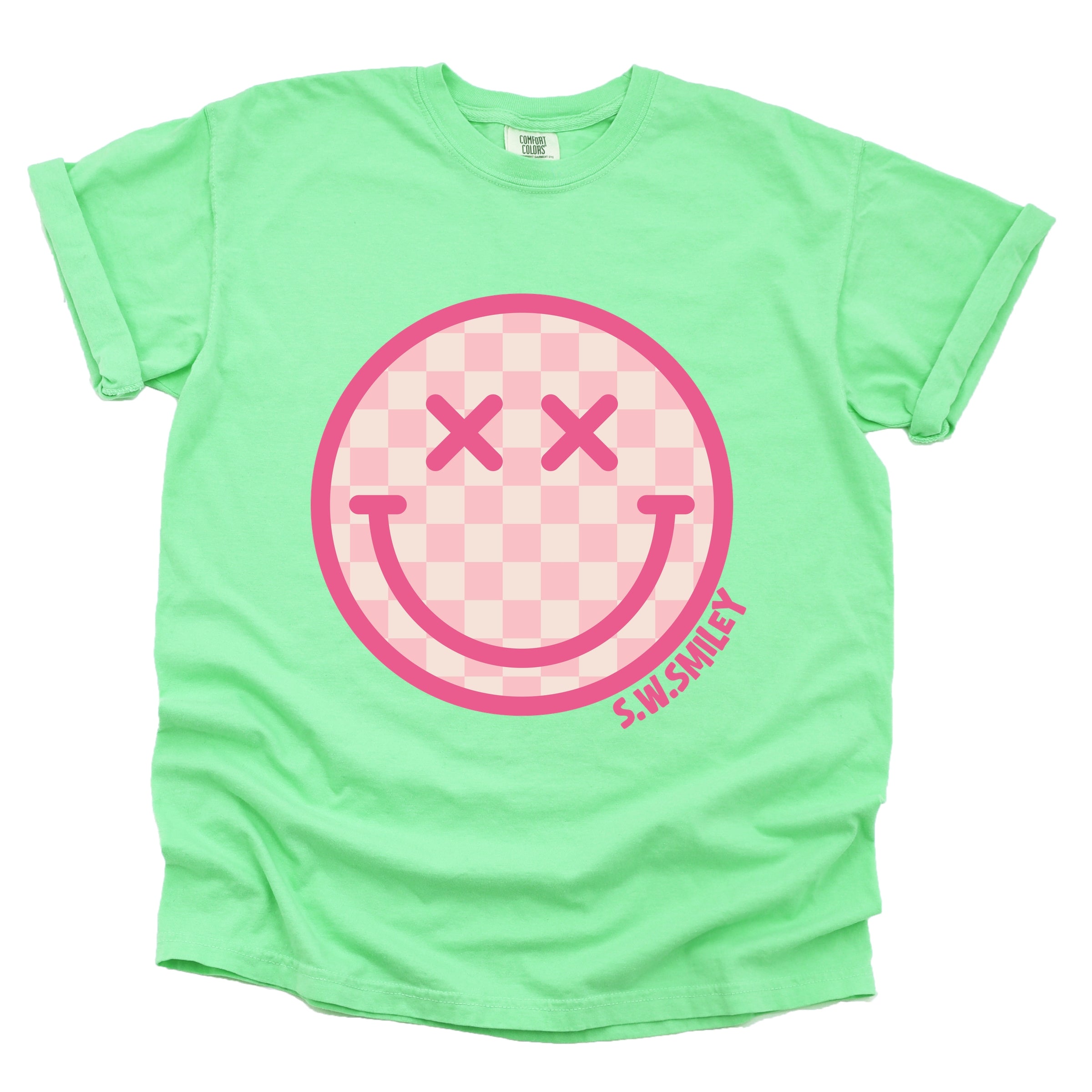 S.W.Smiley Pink Checker Smiley Face - Women's Garment Dyed Graphic T-Shirt