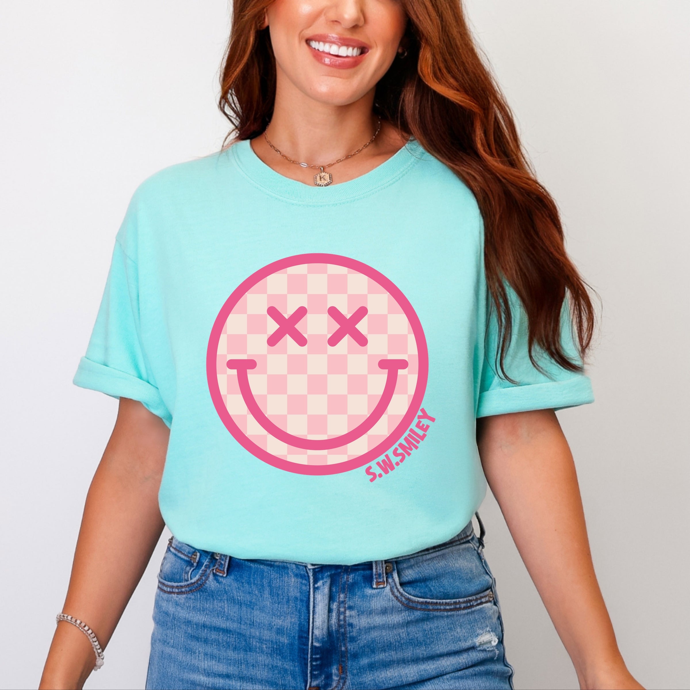 S.W.Smiley Pink Checker Smiley Face - Women's Garment Dyed Graphic T-Shirt