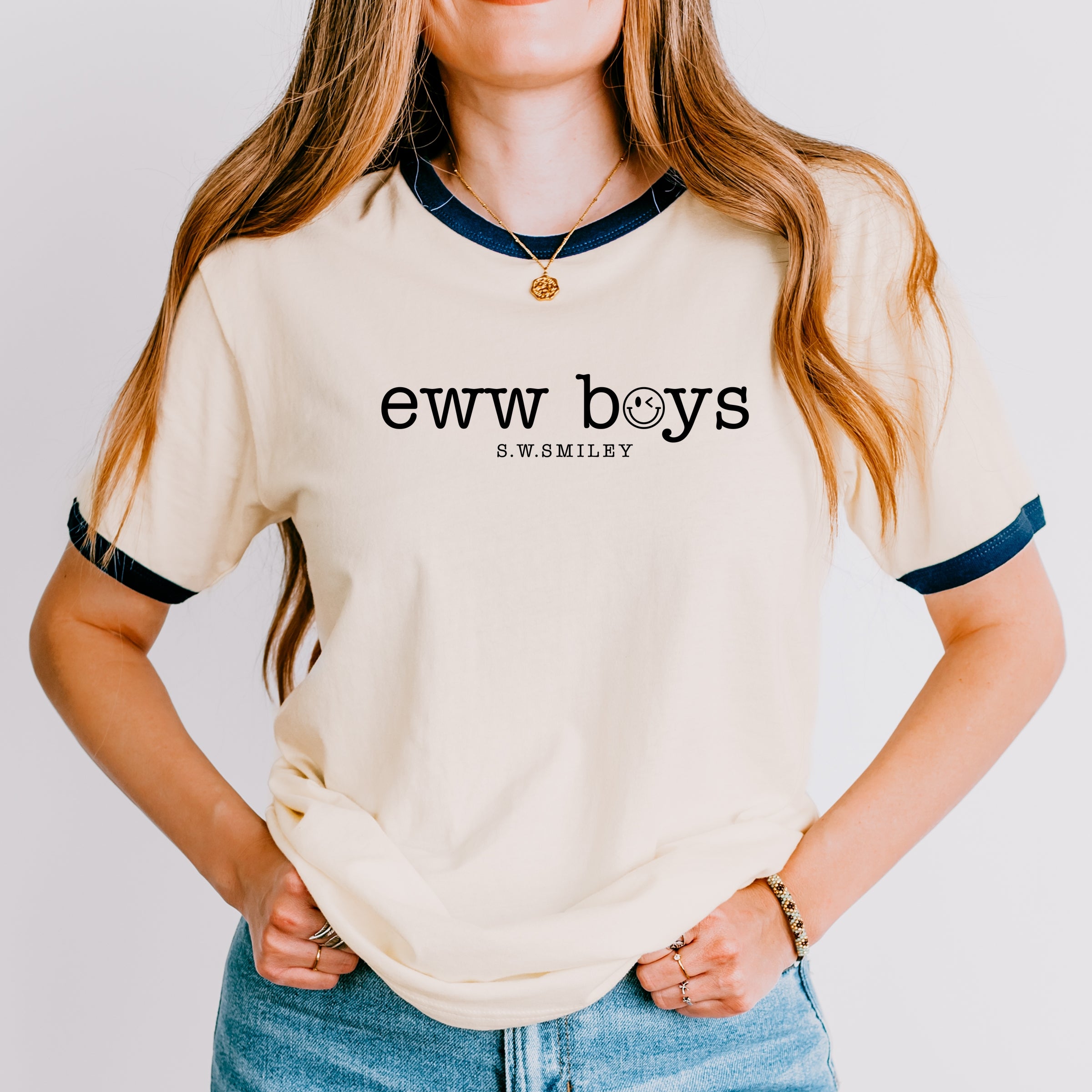 S.W.Smiley Eww Boys Typewriter - Women's Ringer Graphic T-Shirt