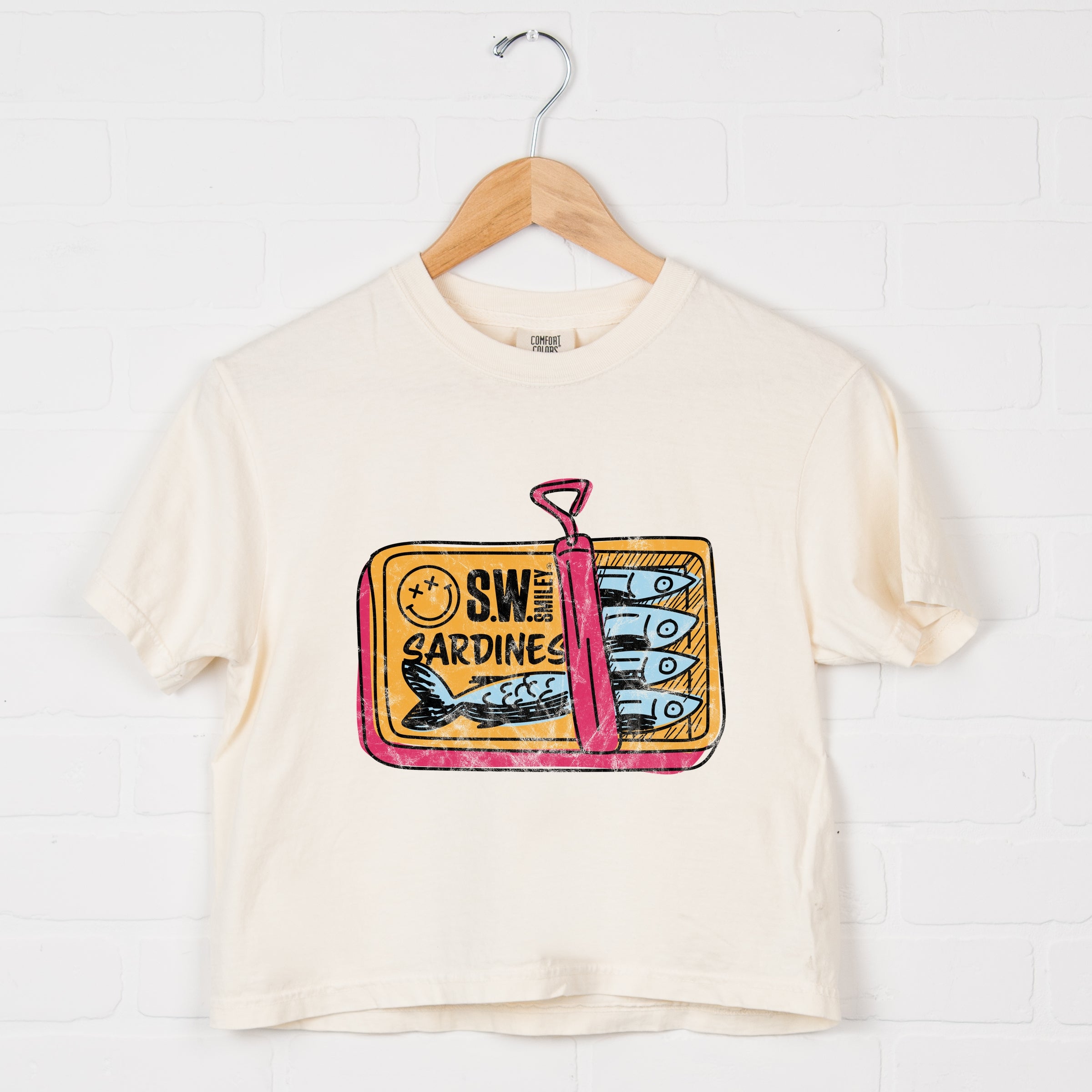 S.W.Smiley Sardine Tin - Women's Boxy Crop Top Graphic T-Shirt