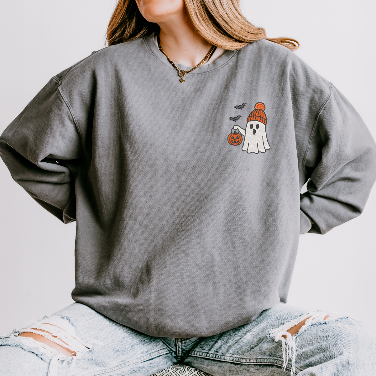 CLEARANCE Embroidered Beanie Ghost - Women's Lightweight Garment Dyed Sweatshirt