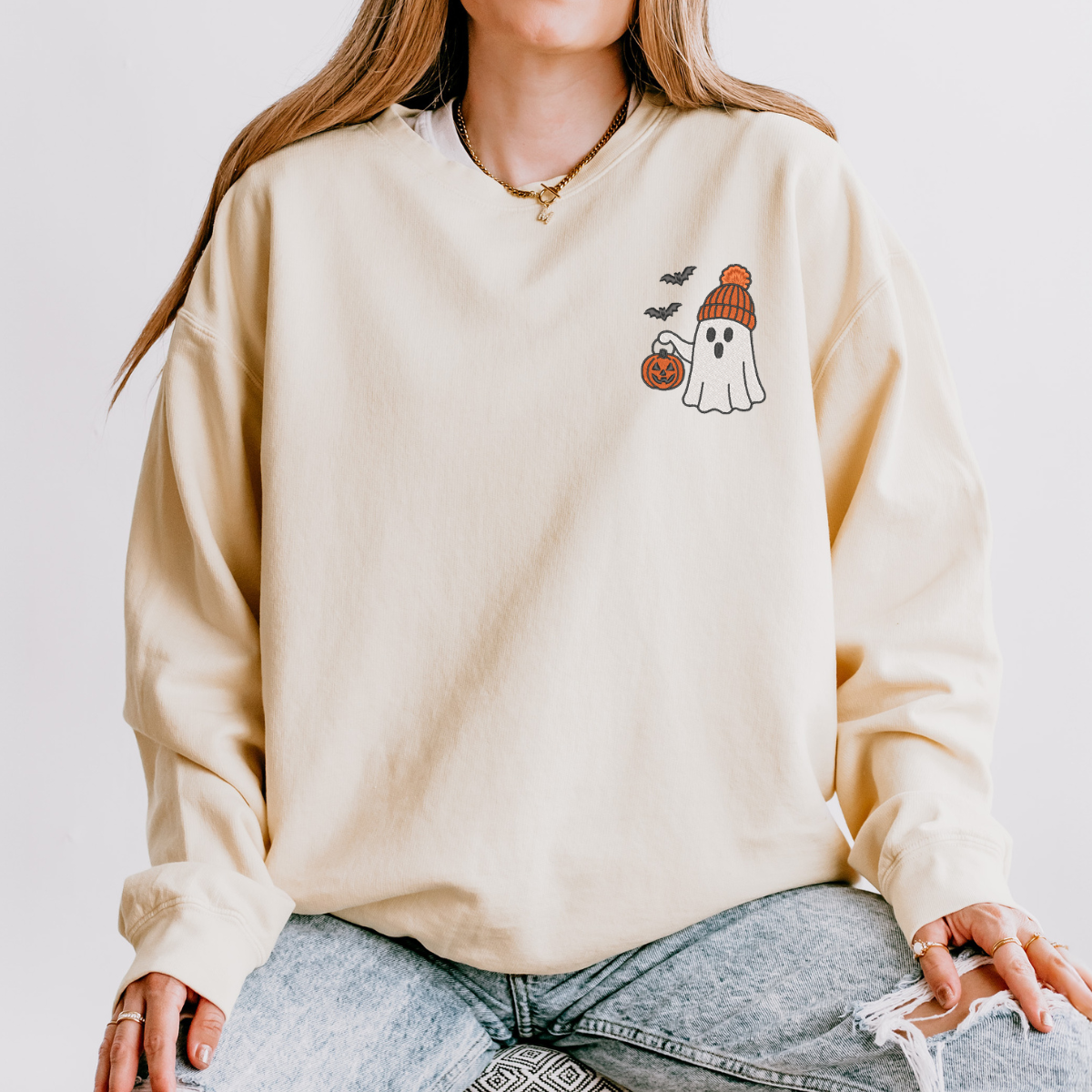 CLEARANCE Embroidered Beanie Ghost - Women's Lightweight Garment Dyed Sweatshirt
