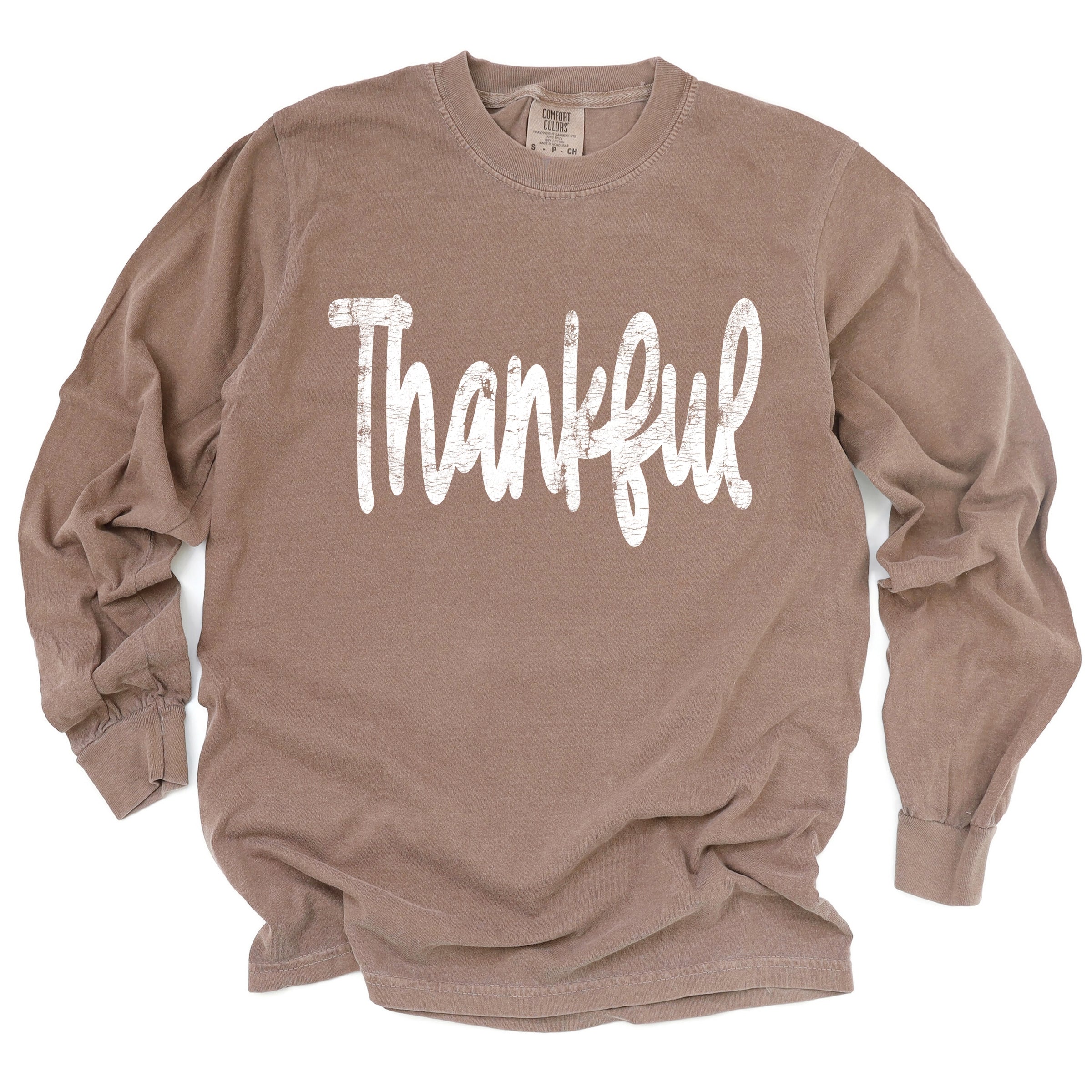 Thankful Cursive Distressed - Women's Garment Dyed Long Sleeve Graphic T-Shirt