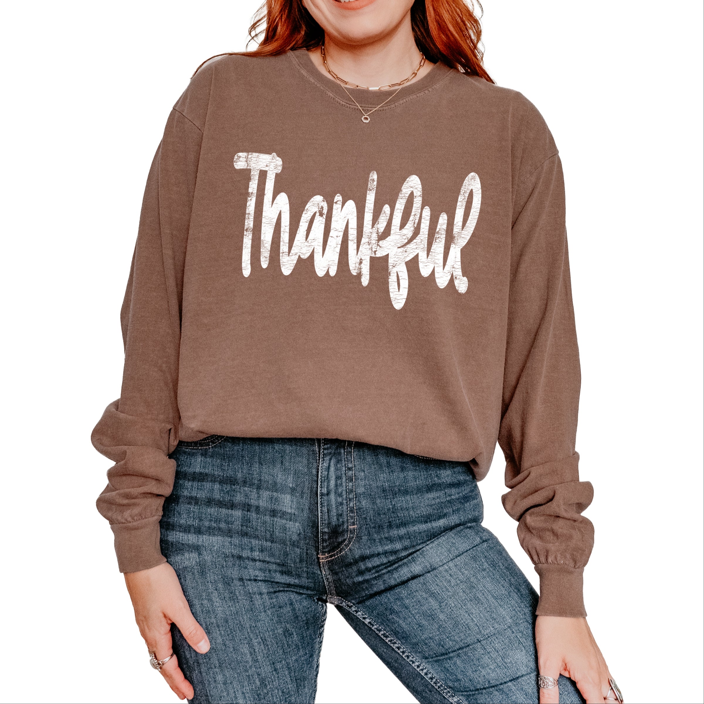 Thankful Cursive Distressed - Women's Garment Dyed Long Sleeve Graphic T-Shirt