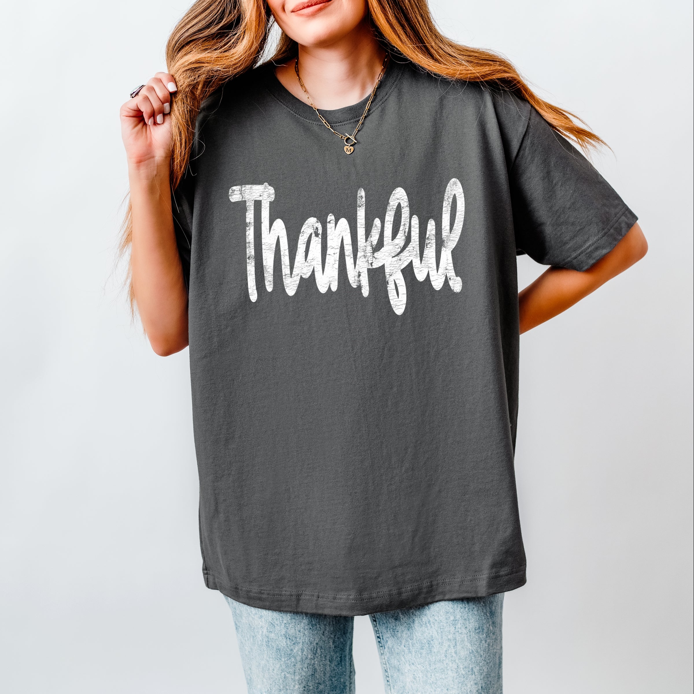 Thankful Cursive Distressed - Women's Heavyweight Graphic T-Shirt