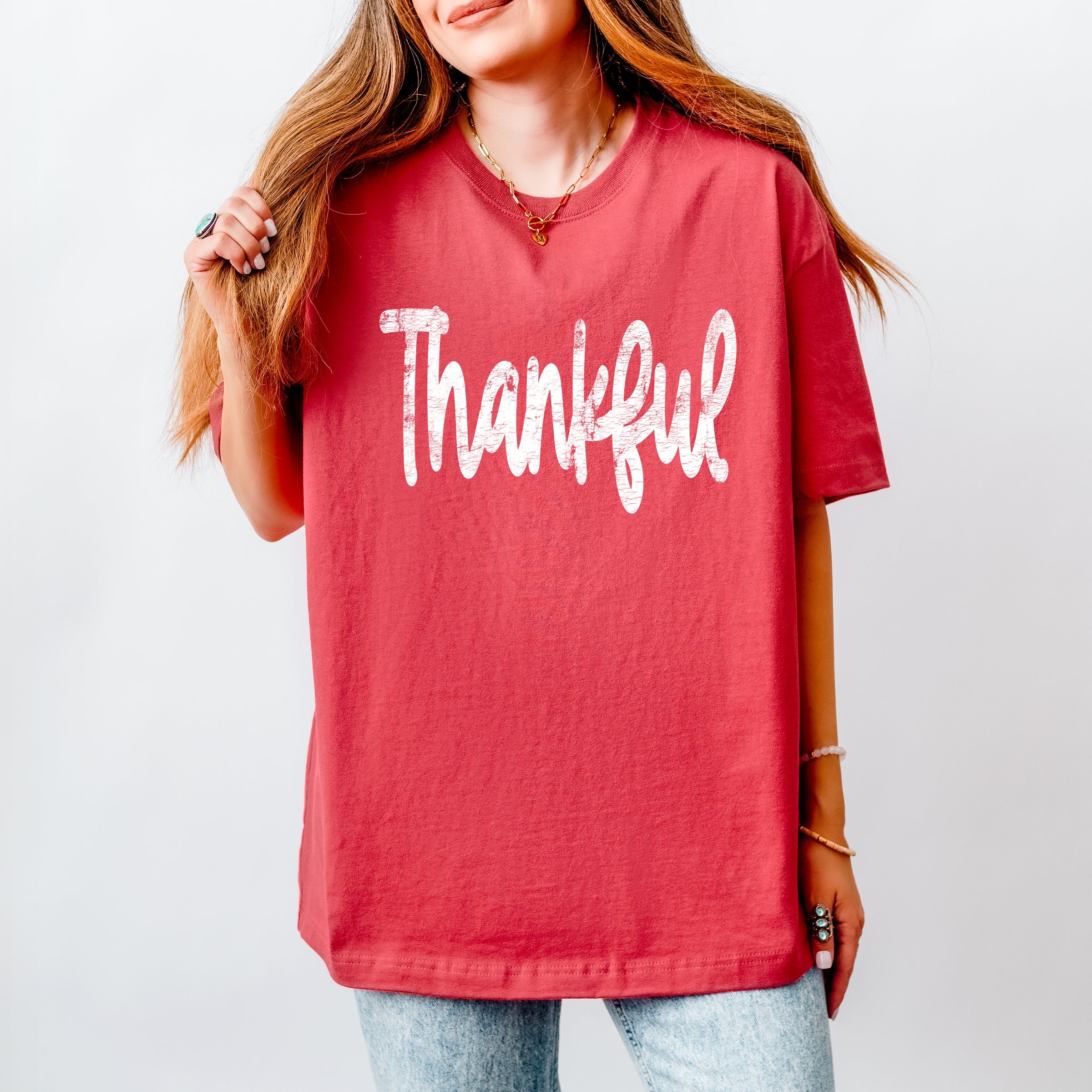 Thankful Cursive Distressed - Women's Heavyweight Graphic T-Shirt