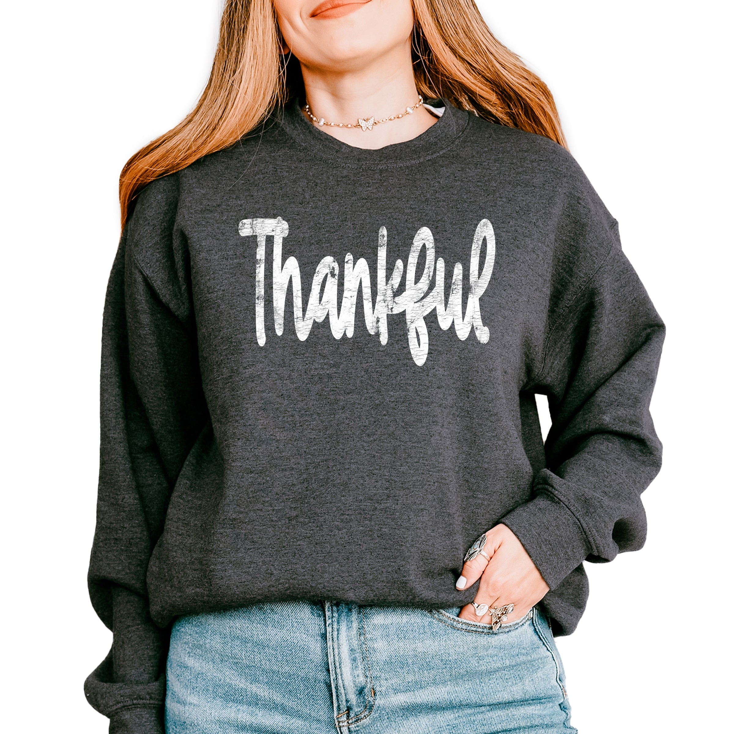 Thankful Cursive Distressed - Women's Graphic Sweatshirt