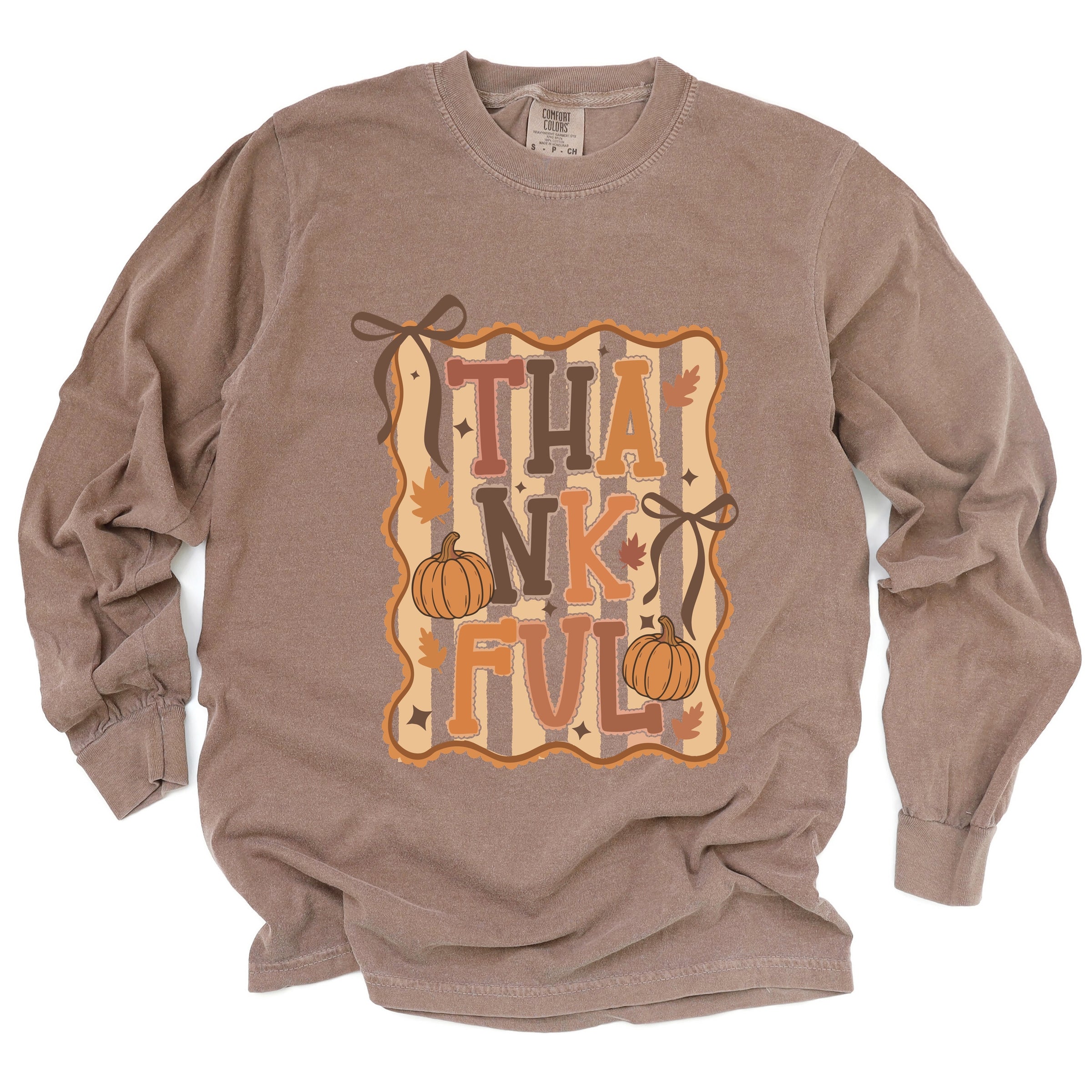 Coquette Thankful Stripes - Women's Garment Dyed Long Sleeve Graphic T-Shirt