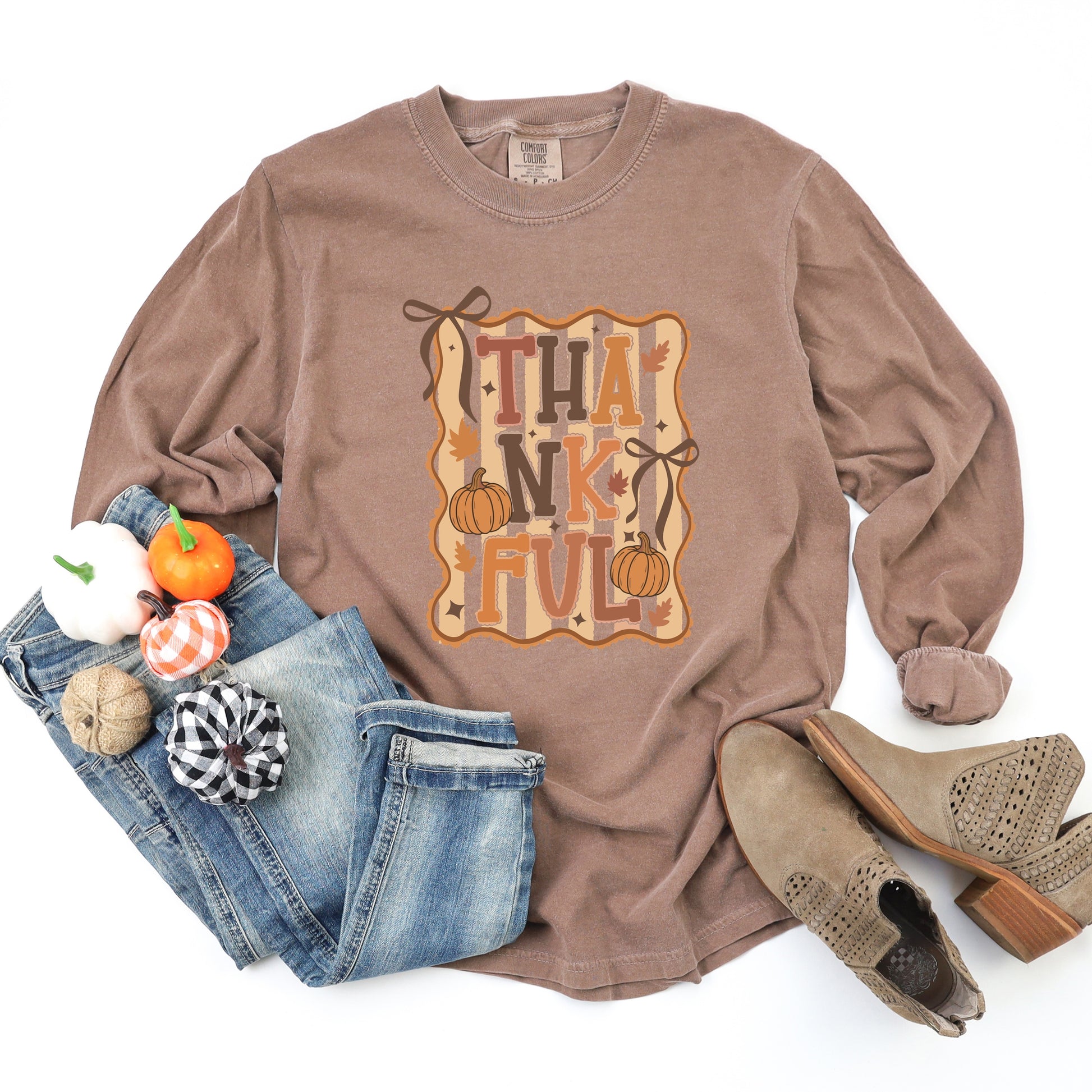 Coquette Thankful Stripes - Women's Garment Dyed Long Sleeve Graphic T-Shirt
