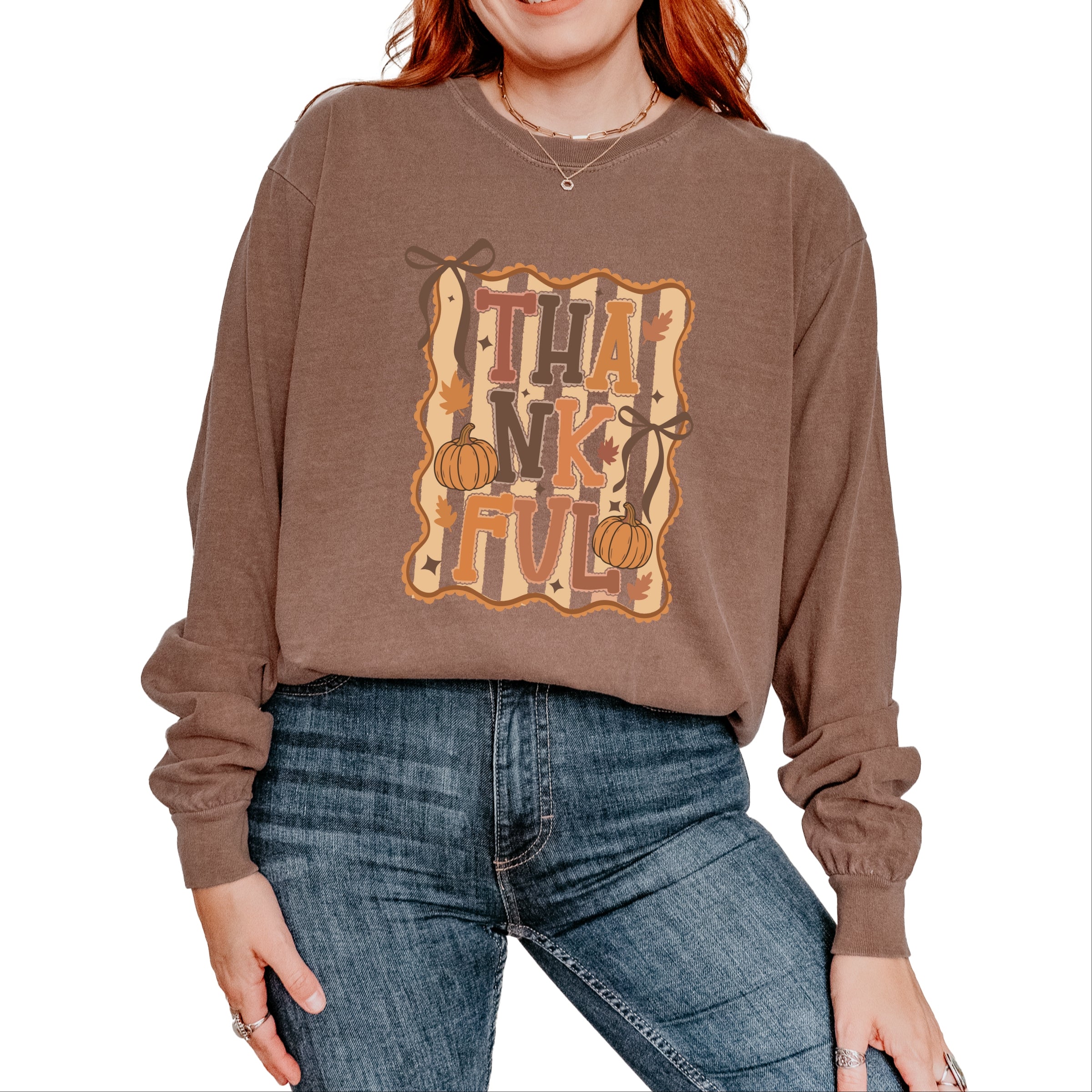Coquette Thankful Stripes - Women's Garment Dyed Long Sleeve Graphic T-Shirt