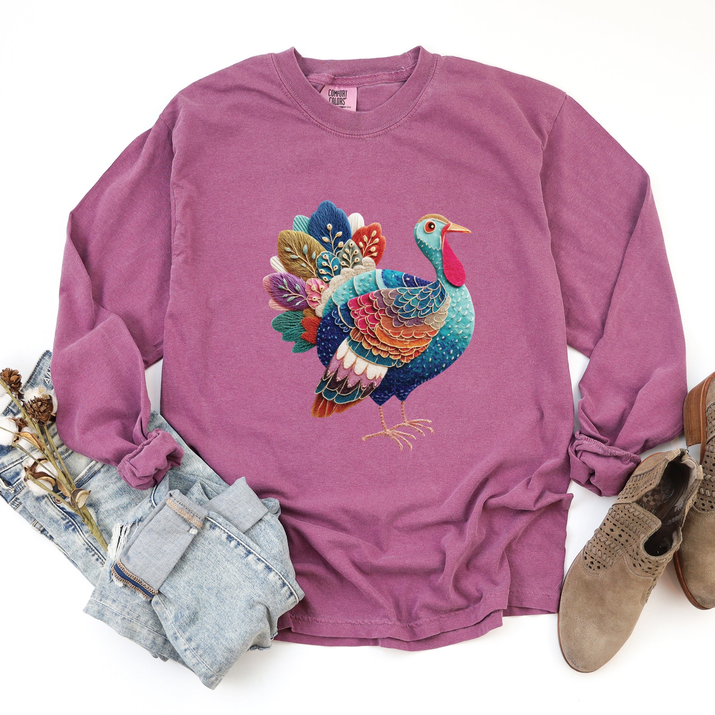 Turkey Patchwork Print - Women's Garment Dyed Long Sleeve Graphic T-Shirt