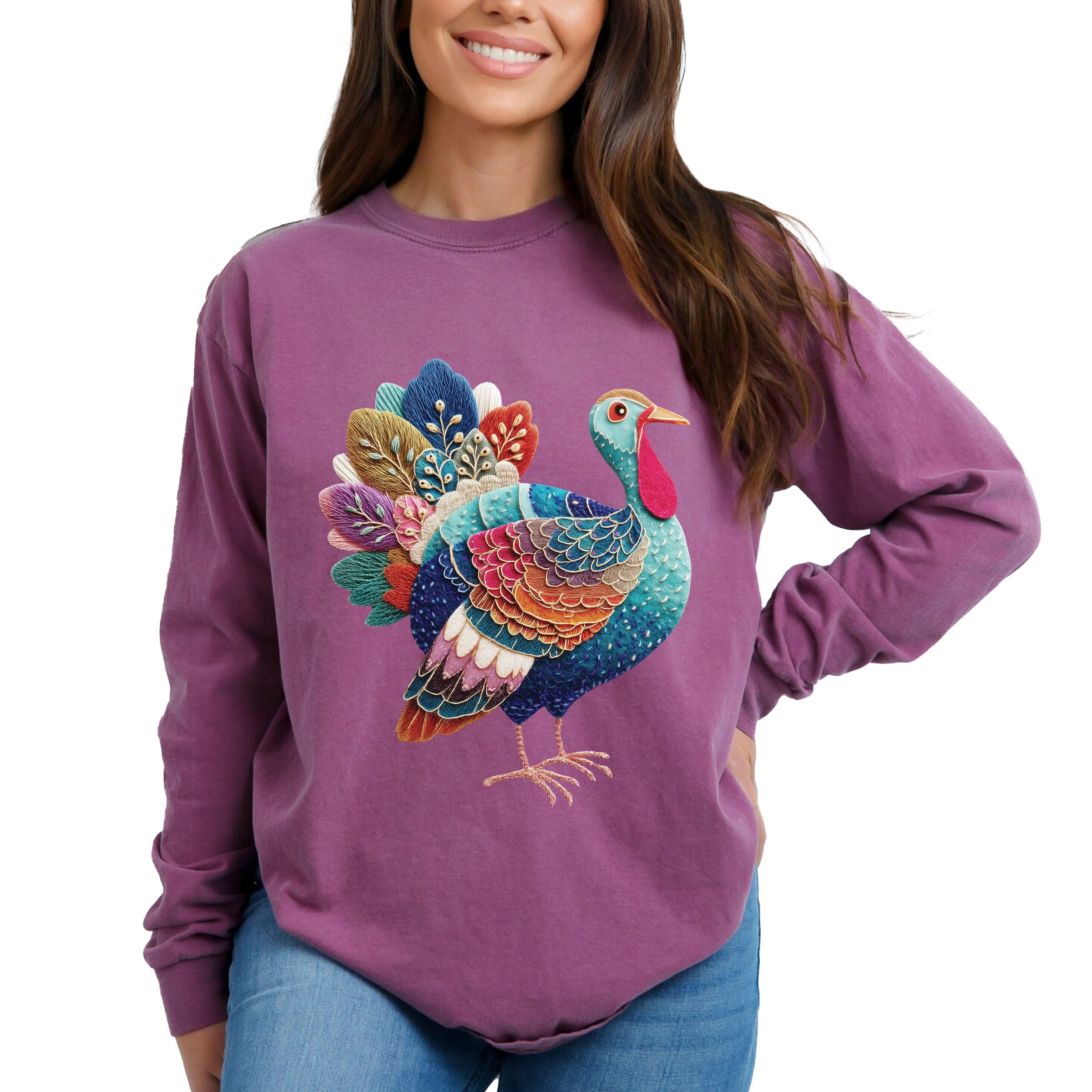 Turkey Patchwork Print - Women's Garment Dyed Long Sleeve Graphic T-Shirt