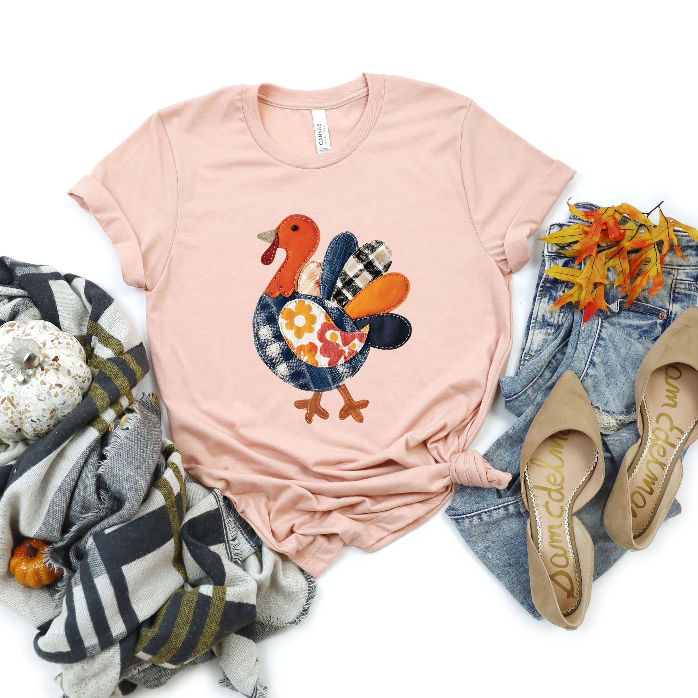 Plaid Turkey Patchwork Print - Women's Short Sleeve Graphic T-Shirt