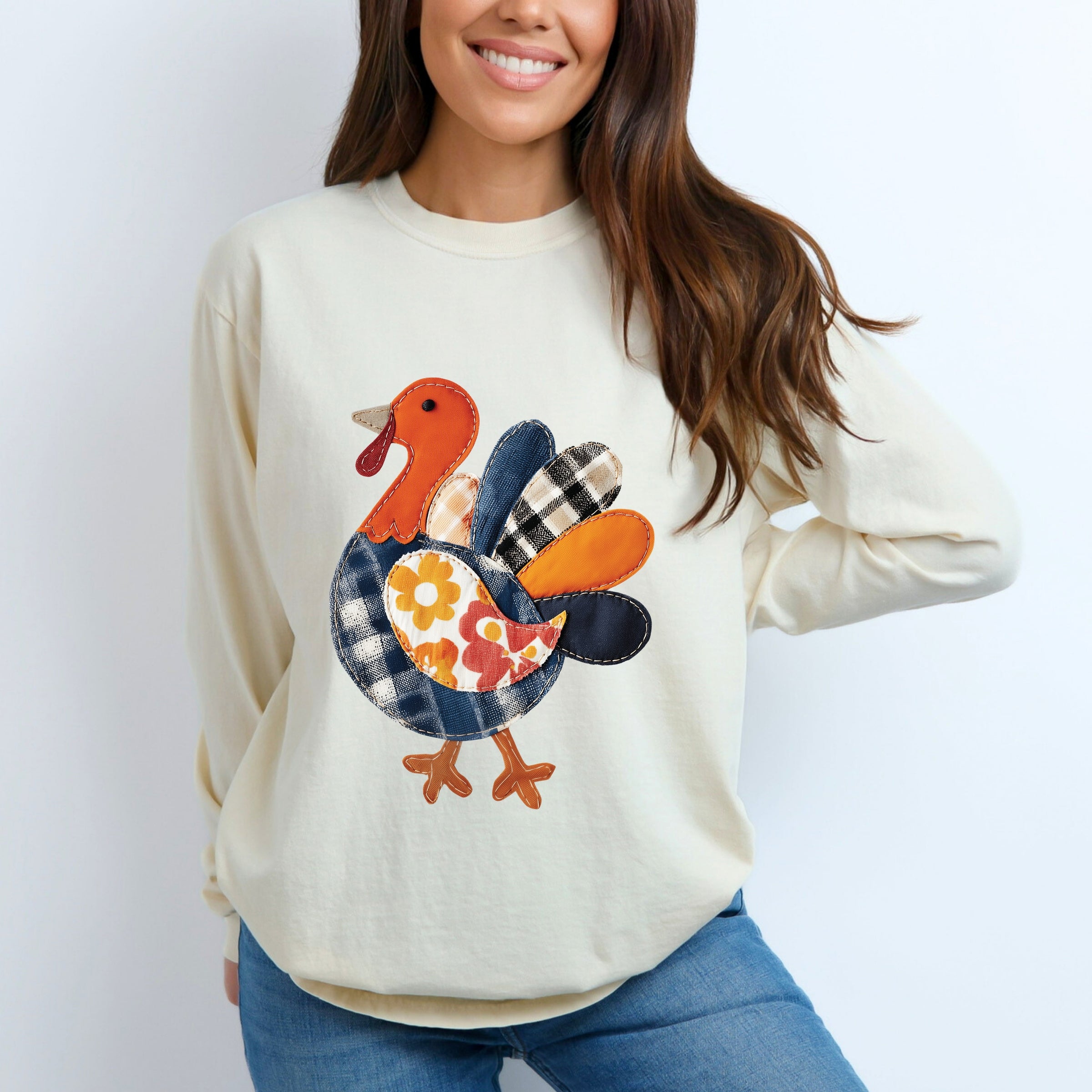 Plaid Turkey Patchwork Print - Women's Garment Dyed Long Sleeve Graphic T-Shirt