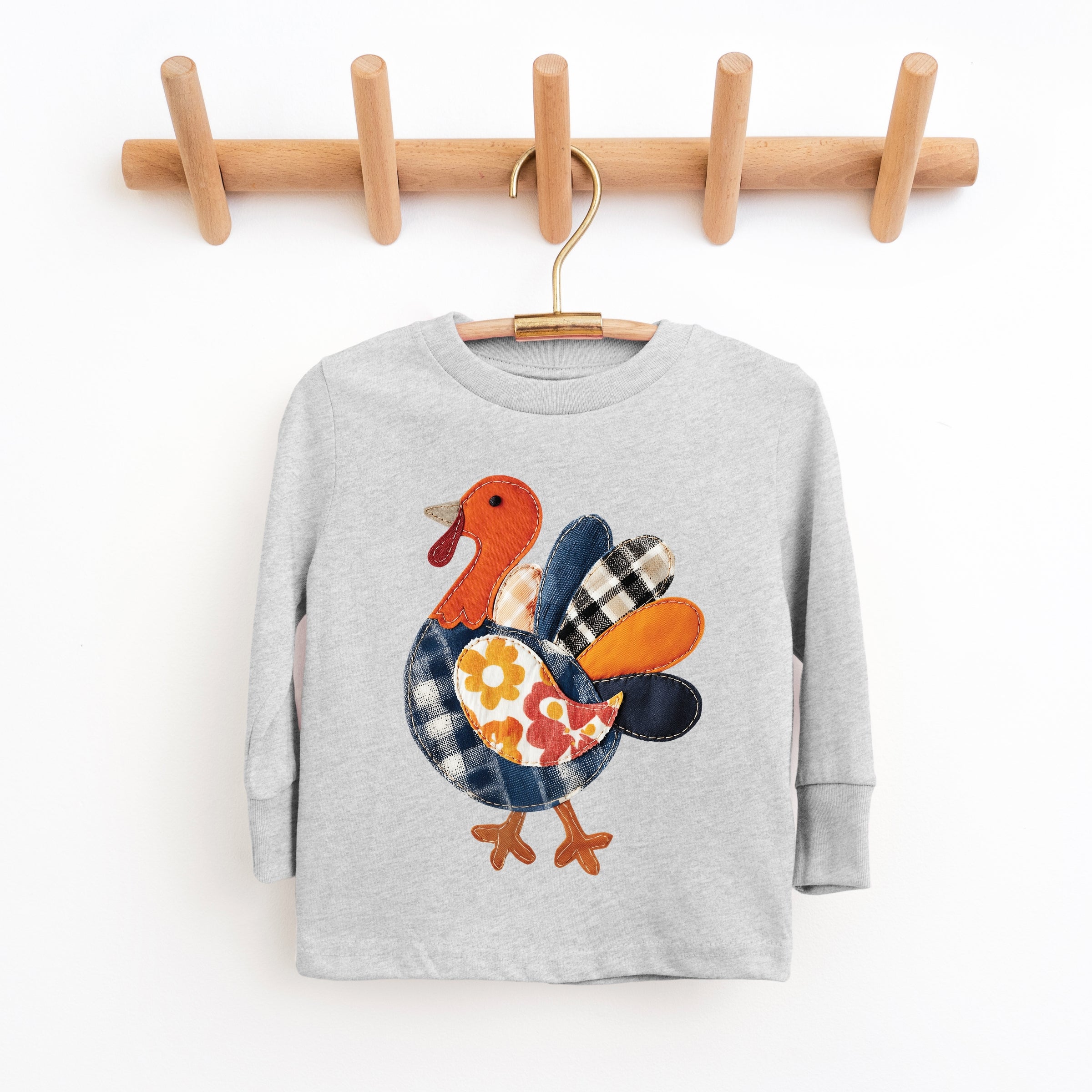 Plaid Turkey Patchwork Print - Youth Long Sleeve Graphic T-Shirt