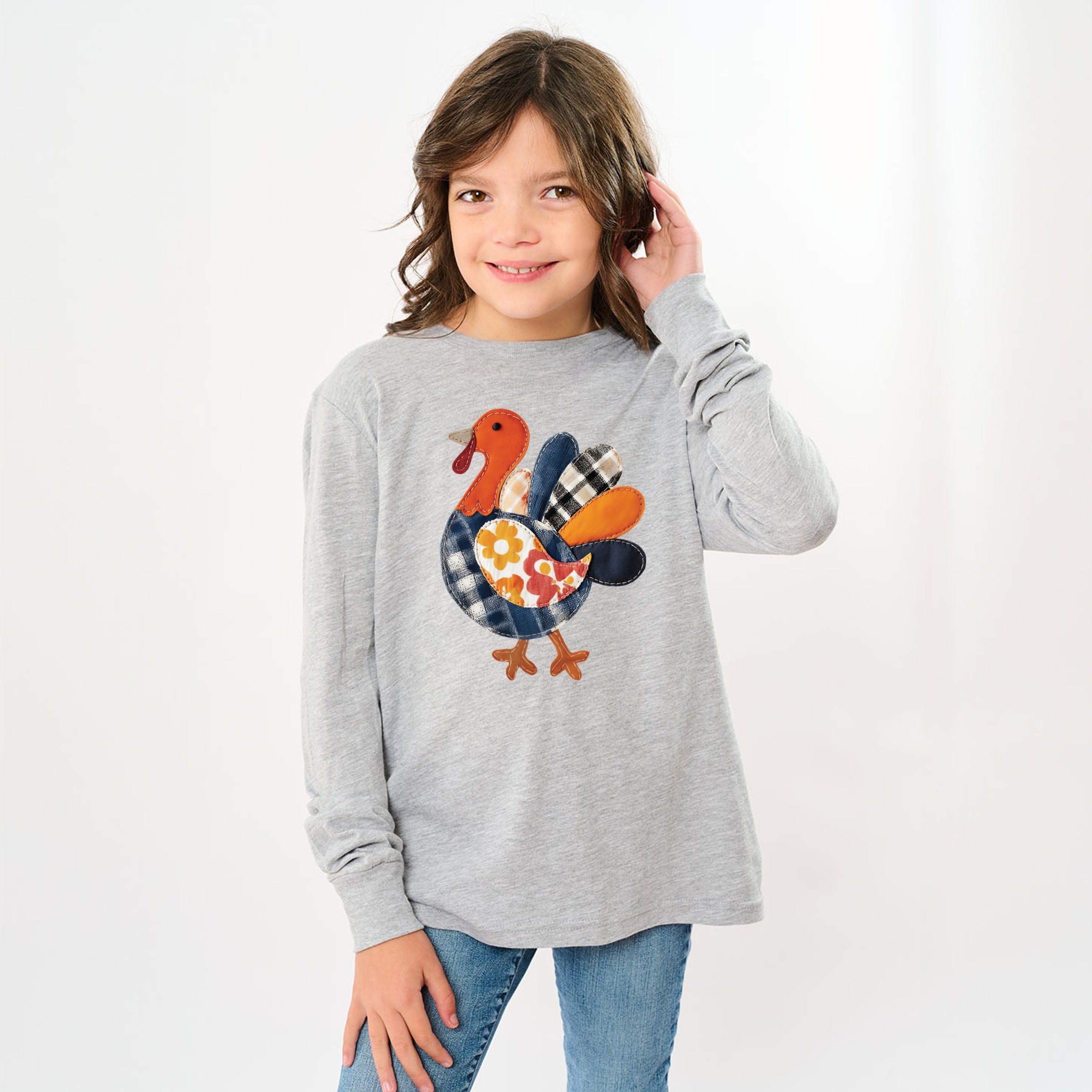 Plaid Turkey Patchwork Print - Youth Long Sleeve Graphic T-Shirt