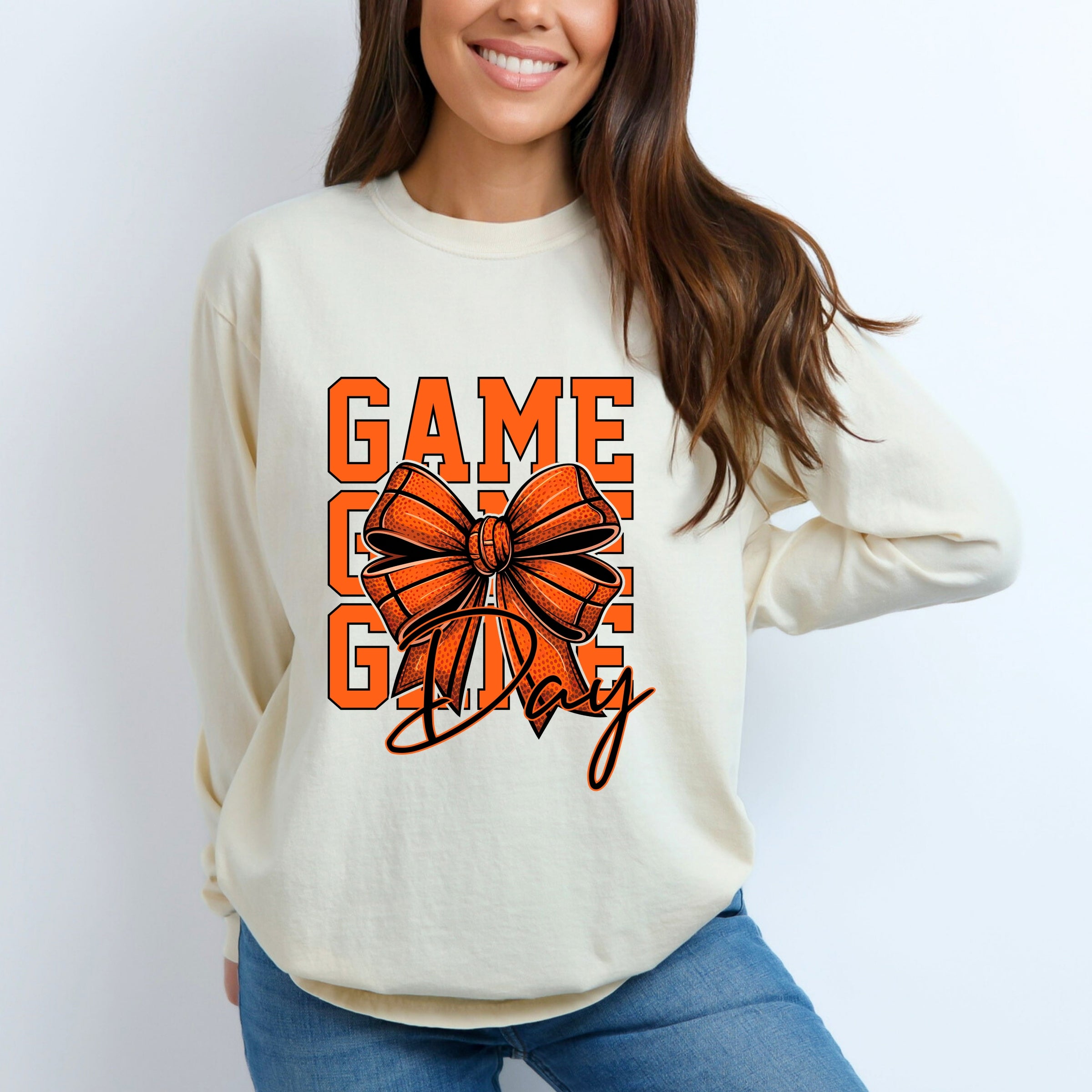 Coquette Basketball Bow Game Day Stacked - Women's Garment Dyed Long Sleeve Graphic T-Shirt