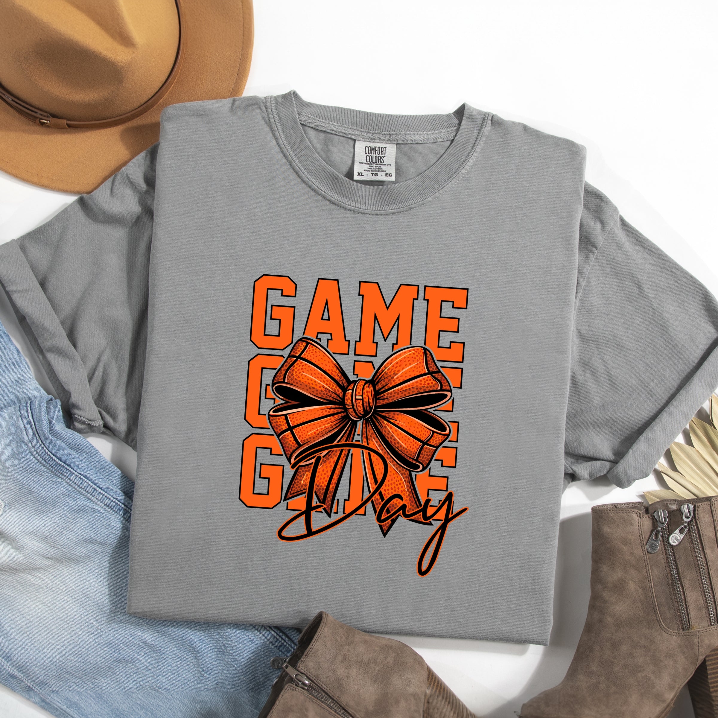 Coquette Basketball Bow Game Day Stacked - Women's Garment Dyed Graphic T-Shirt