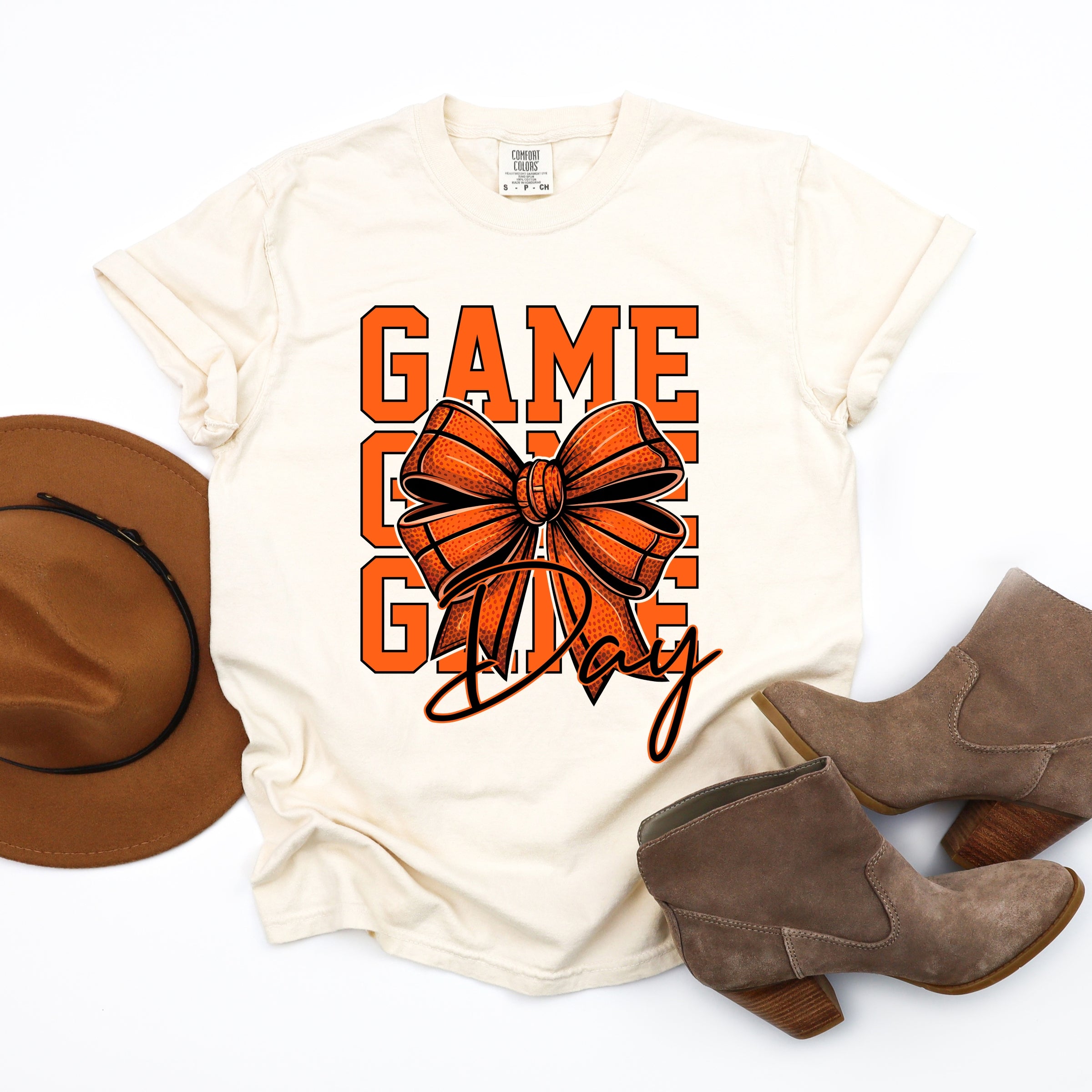 Coquette Basketball Bow Game Day Stacked - Women's Garment Dyed Graphic T-Shirt