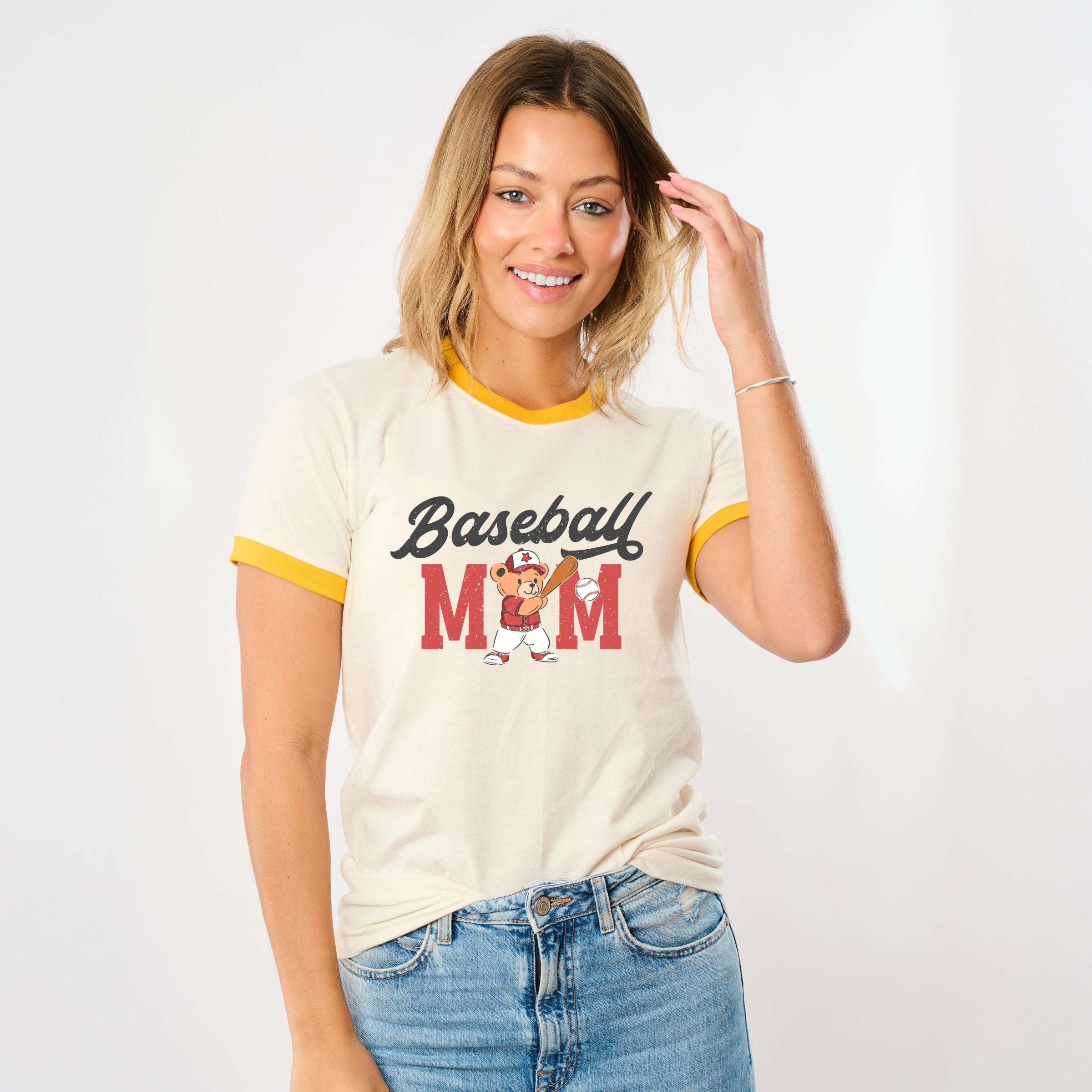 Baseball Mom Teddy Bear - Women's Ringer Graphic T-Shirt