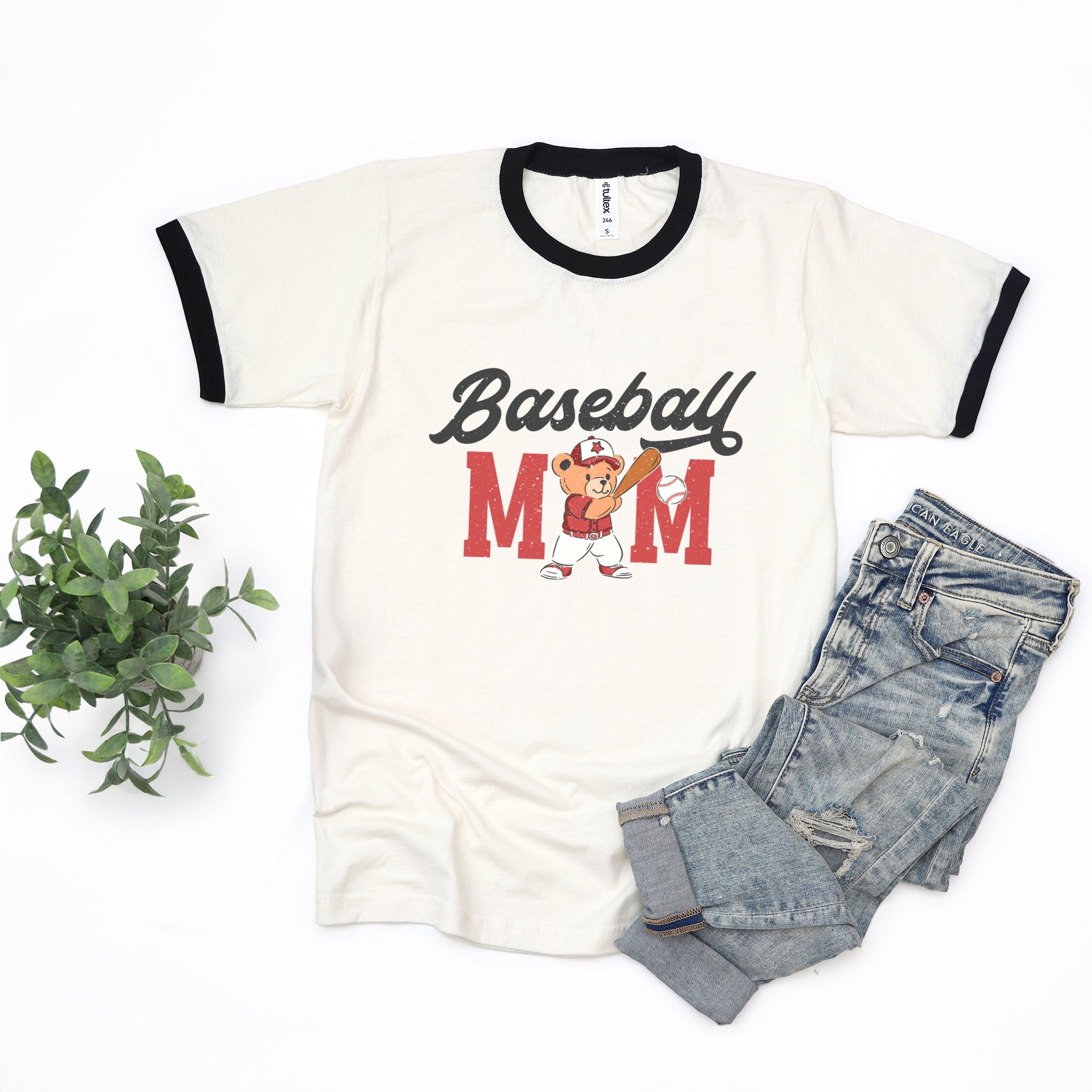 Baseball Mom Teddy Bear - Women's Ringer Graphic T-Shirt