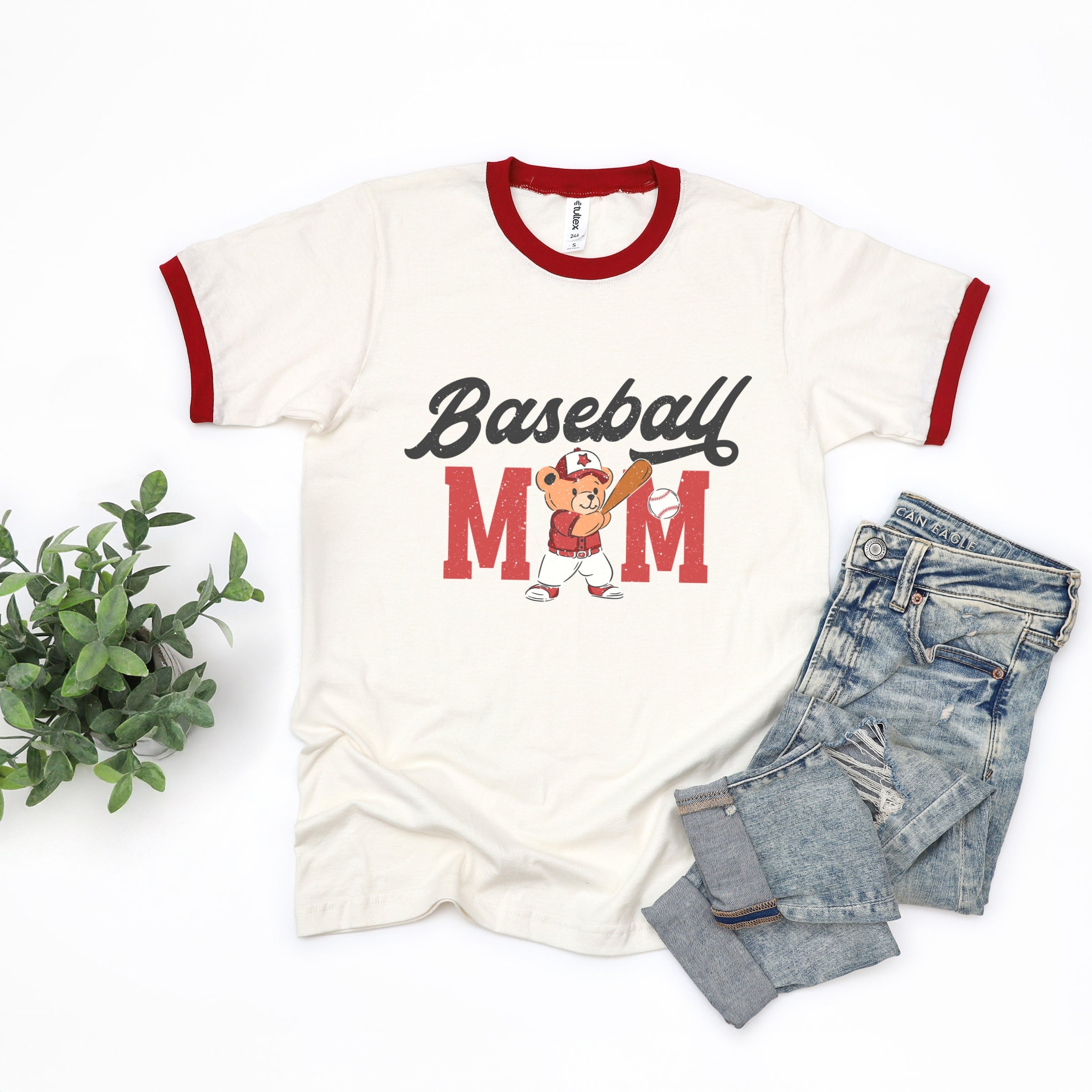 Baseball Mom Teddy Bear - Women's Ringer Graphic T-Shirt