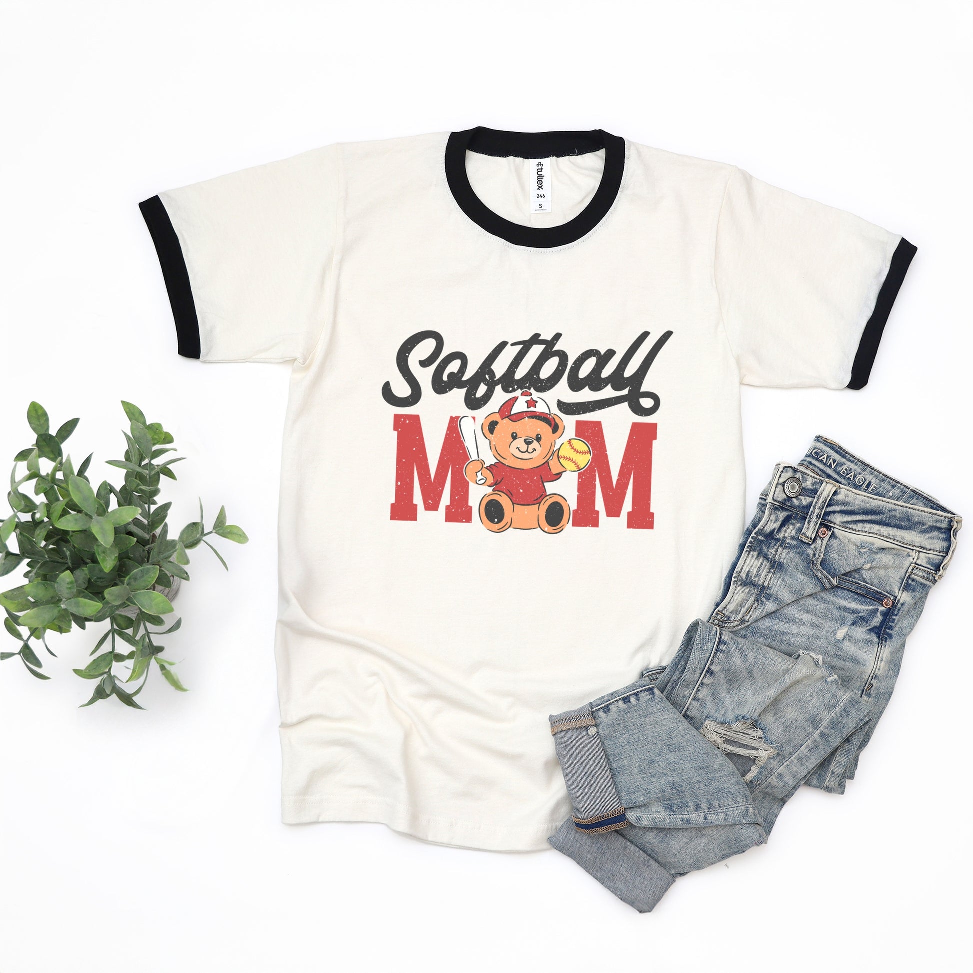 Softball Mom Teddy Bear - Women's Ringer Graphic T-Shirt