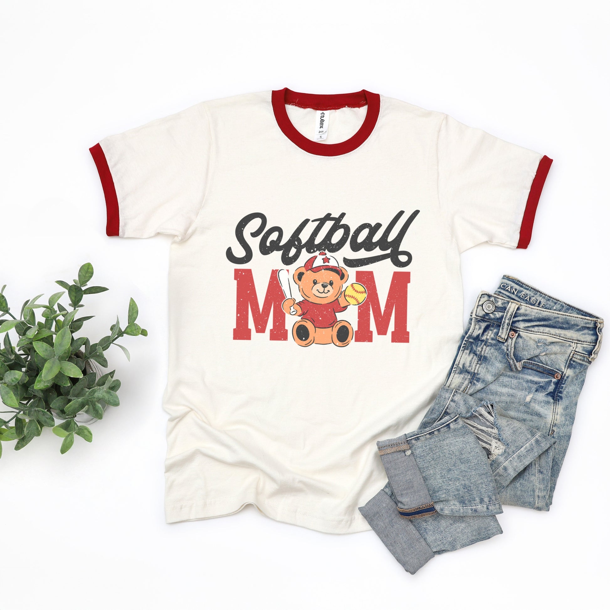 Softball Mom Teddy Bear - Women's Ringer Graphic T-Shirt