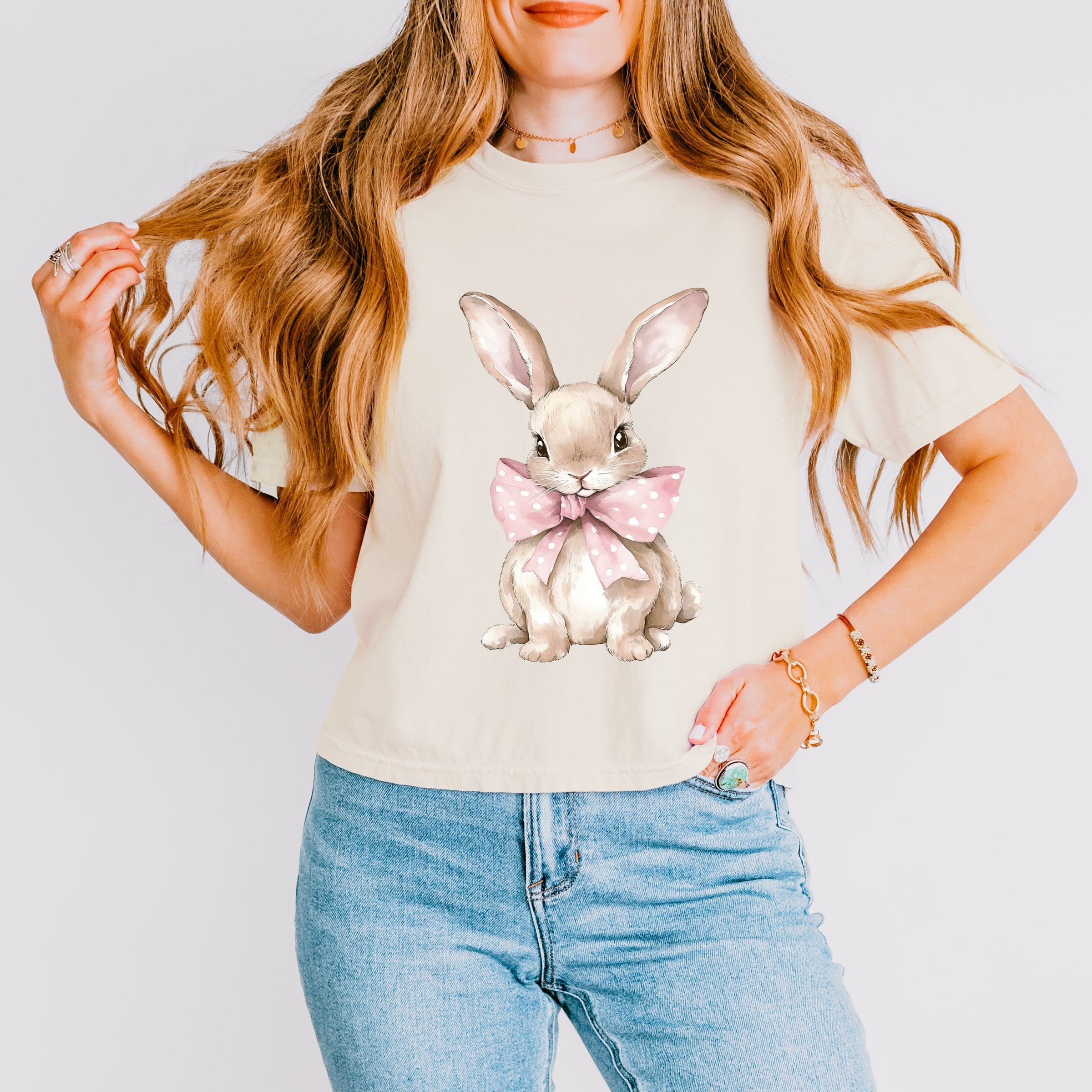 Bunny Watercolor With Bow - Women's Boxy Crop Top Graphic T-Shirt