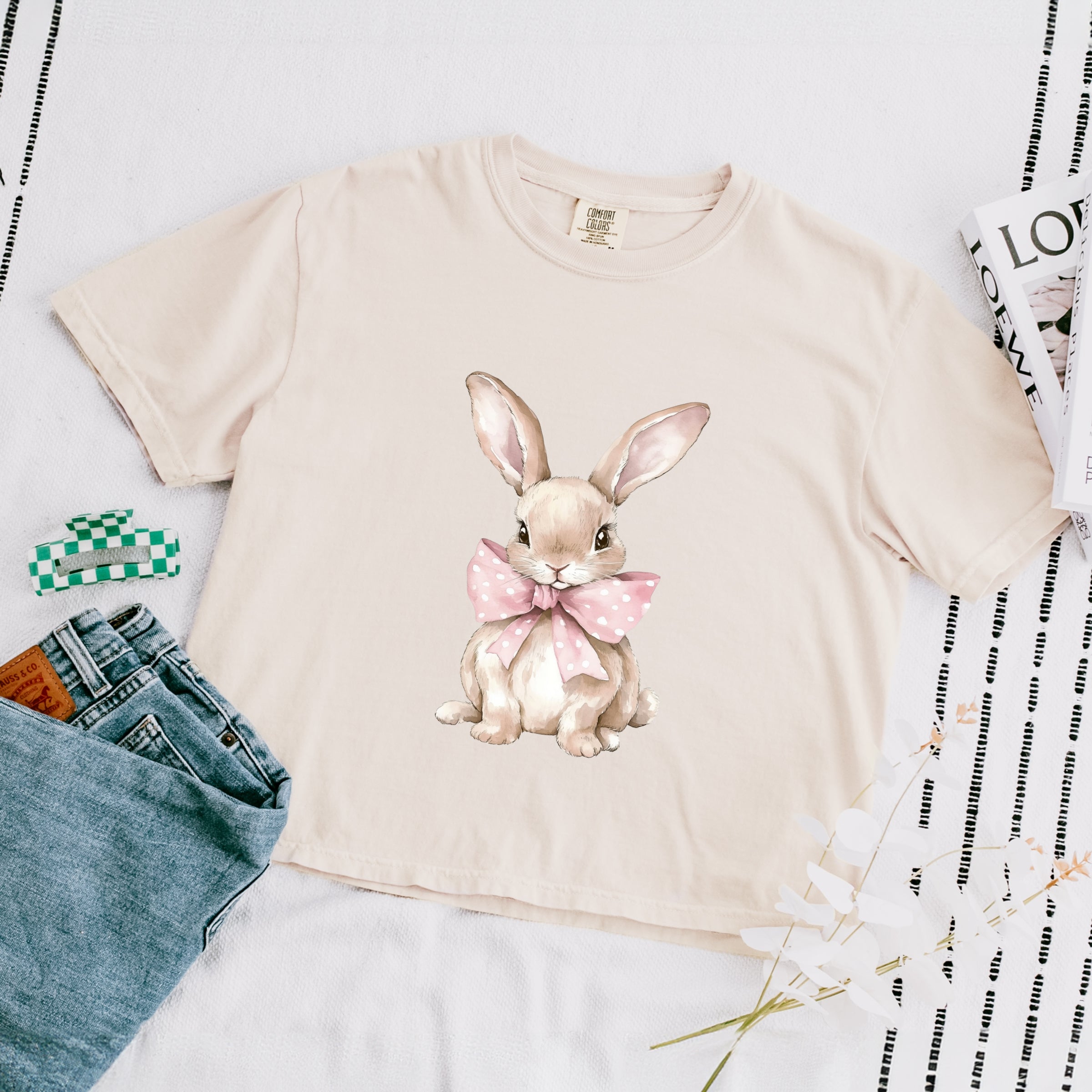 Bunny Watercolor With Bow - Women's Boxy Crop Top Graphic T-Shirt