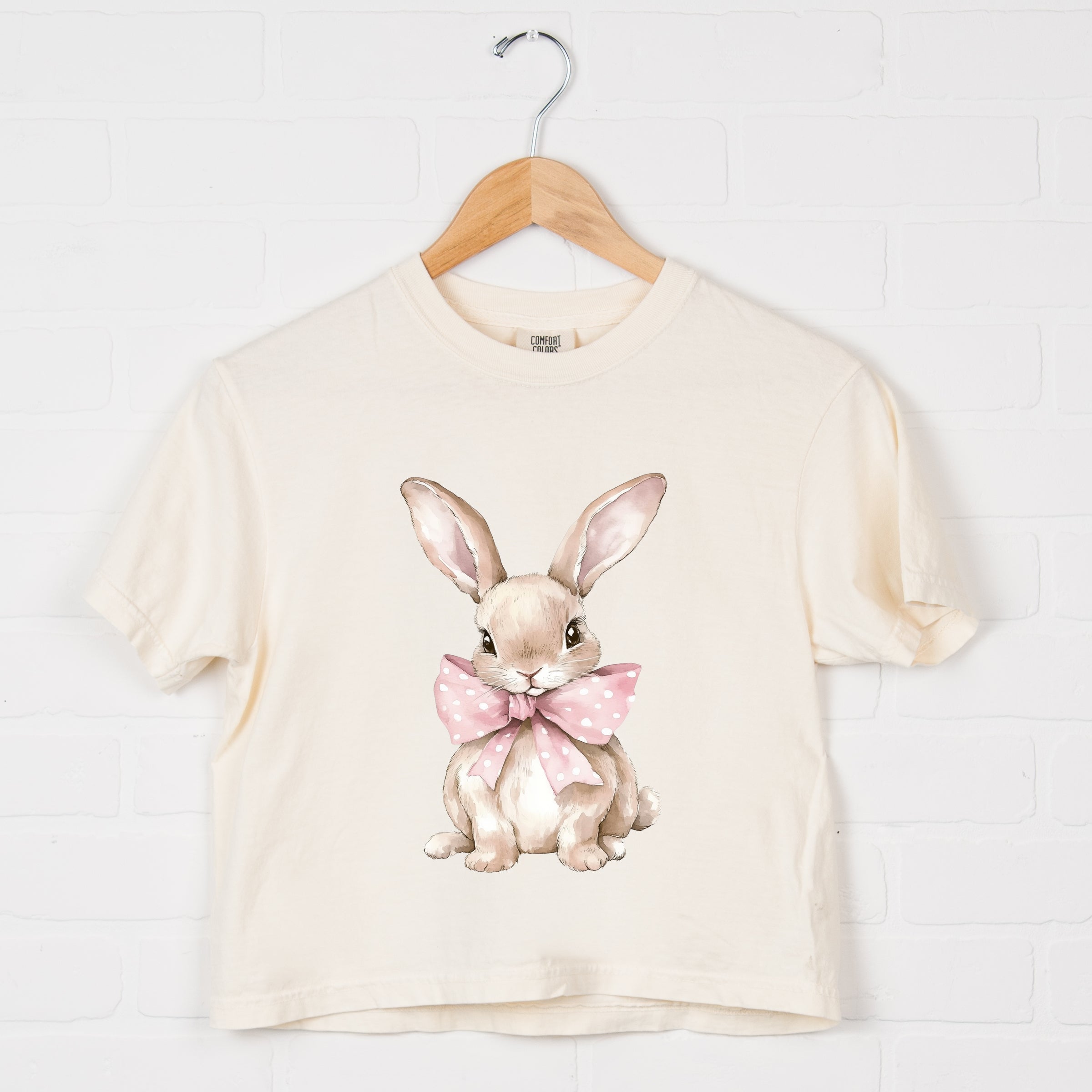 Bunny Watercolor With Bow - Women's Boxy Crop Top Graphic T-Shirt