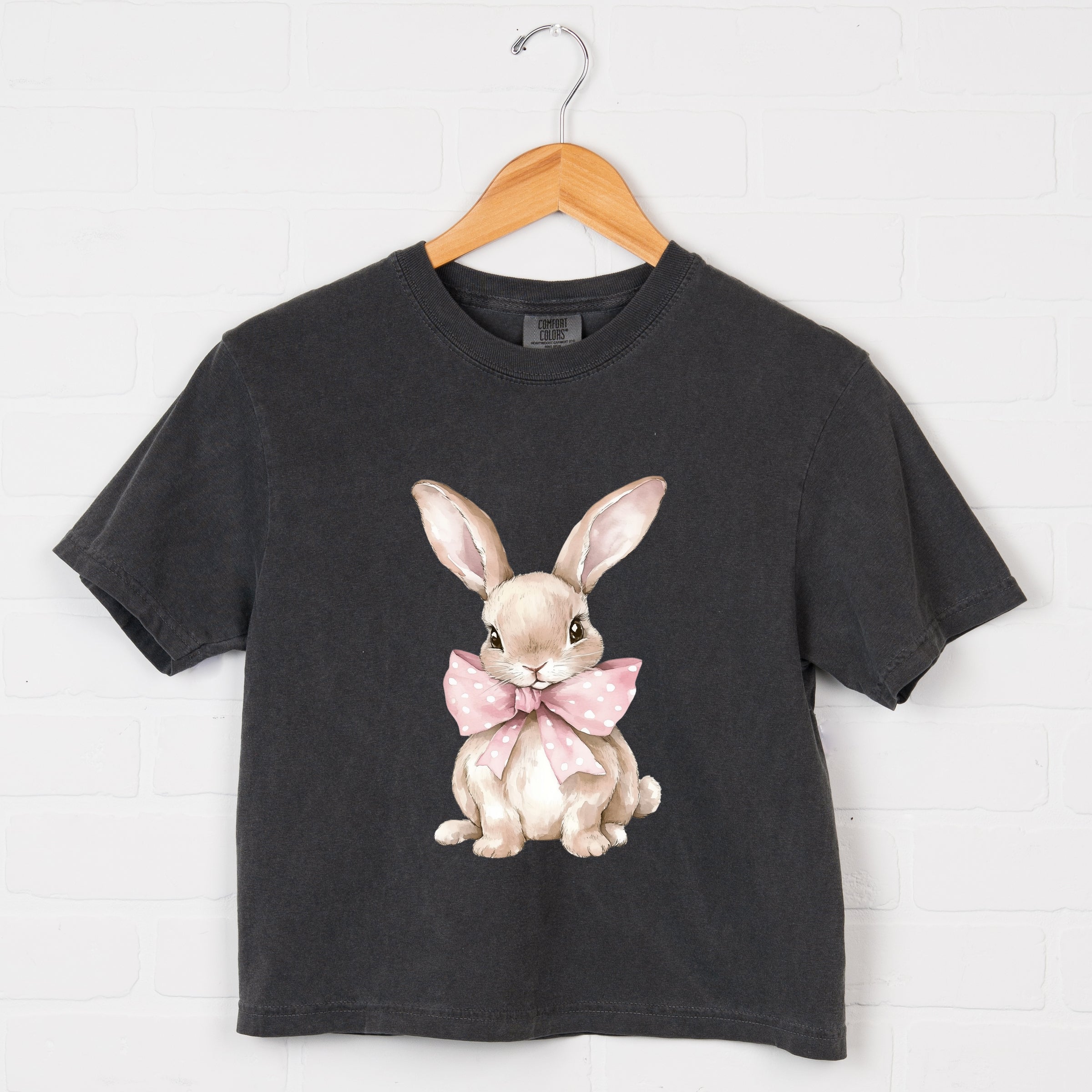Bunny Watercolor With Bow - Women's Boxy Crop Top Graphic T-Shirt