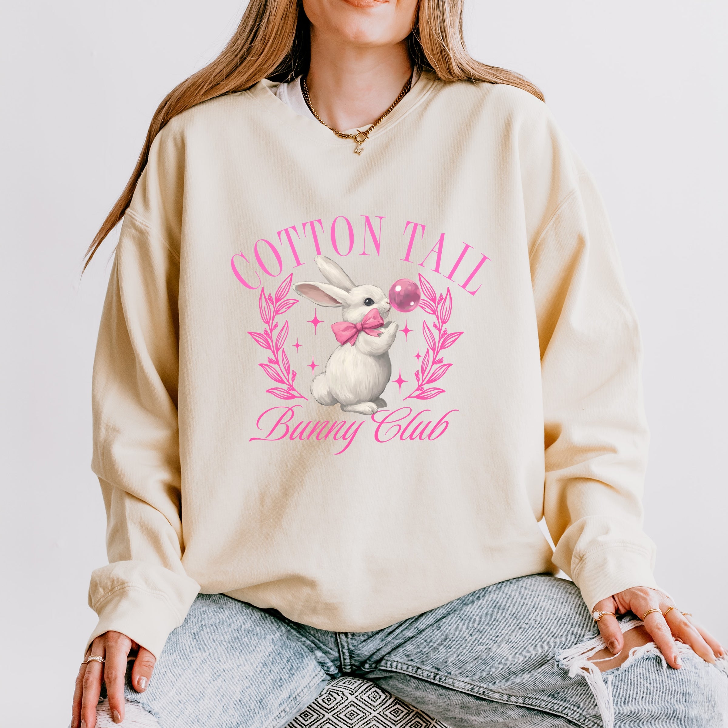 Cotton Tail Bunny Club Bubblegum - Women's Lightweight Garment Dyed Sweatshirt