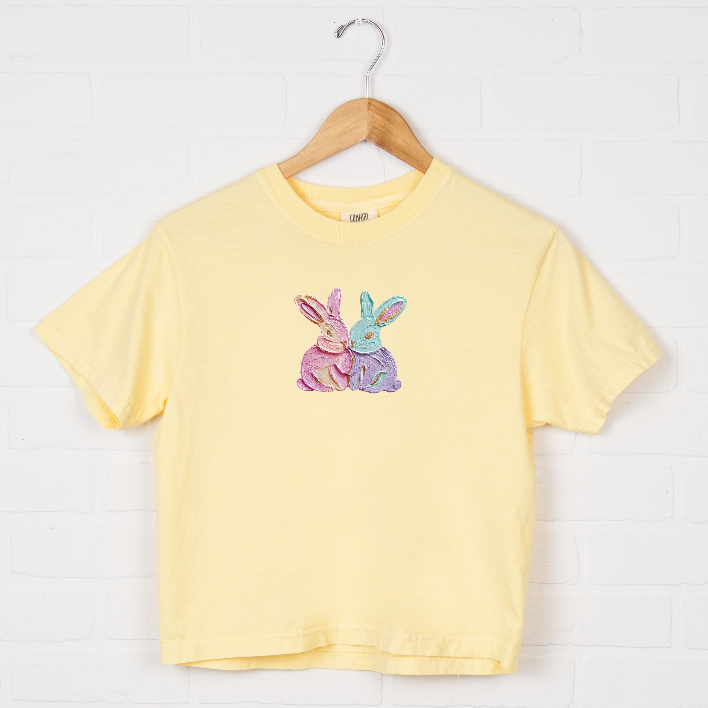 Two Bunnies Paint Print - Women's Boxy Crop Top Graphic T-Shirt