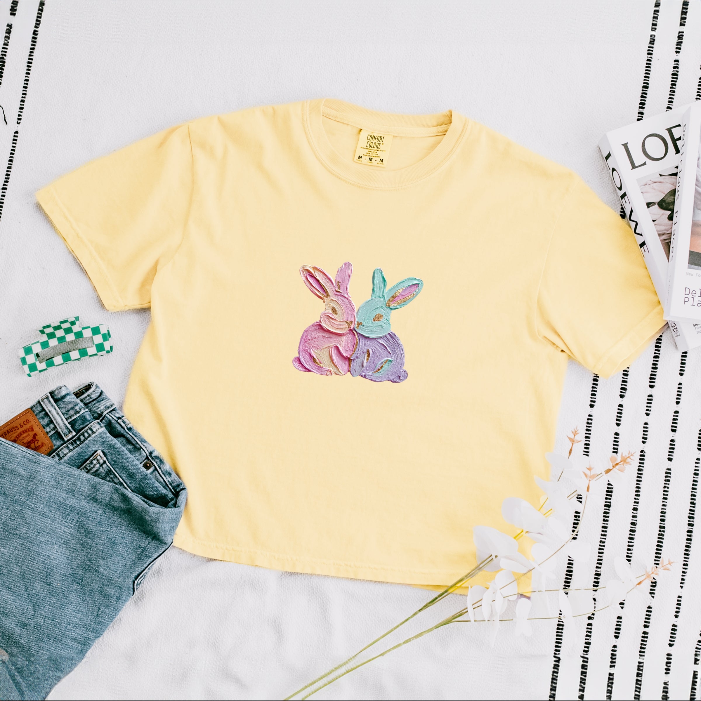 Two Bunnies Paint Print - Women's Boxy Crop Top Graphic T-Shirt